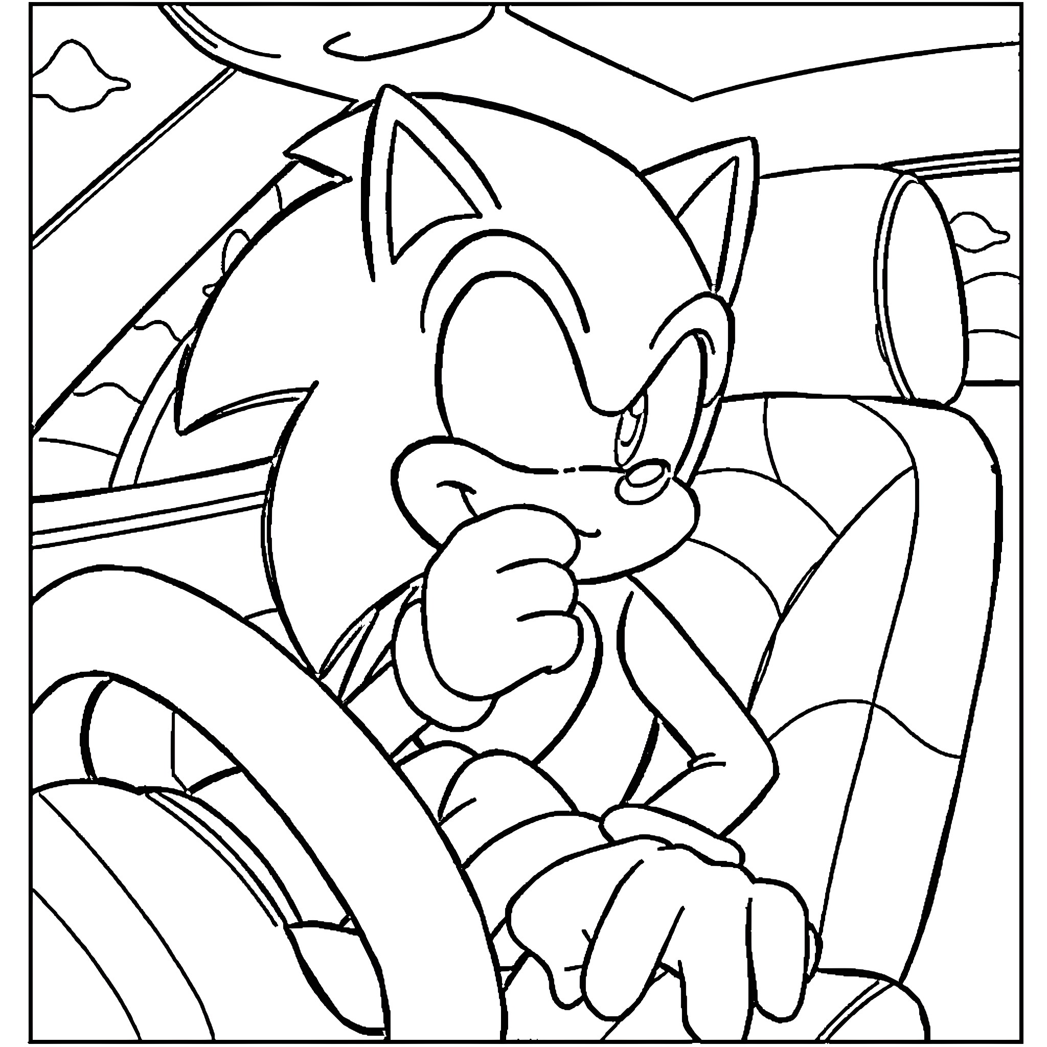 Sonic speeding through a scenic landscape Coloring Page (free black-and-white line drawing printable PDF for all, from beginners to advanced learners, including children, teens, adults, and seniors)