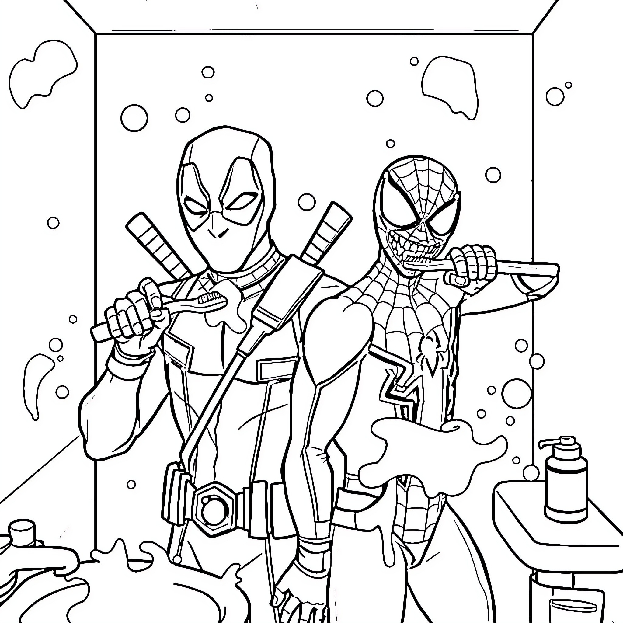 Deadpool and Spider-Man join forces in an epic adventure Coloring Page (free black-and-white line drawing printable PDF for all, from beginners to advanced learners, including children, teens, adults, and seniors)
