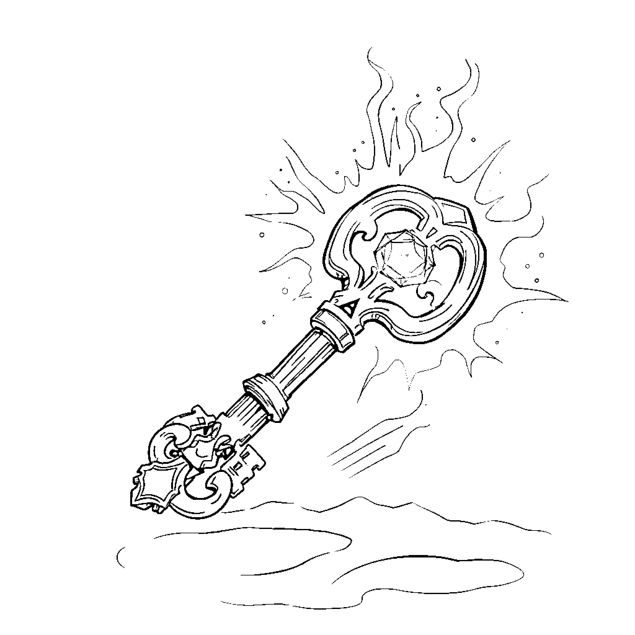 Key Magical Staff Emitting Sparks Coloring Page (free black-and-white line drawing printable PDF for all, from beginners to advanced learners, including children, teens, adults, and seniors)