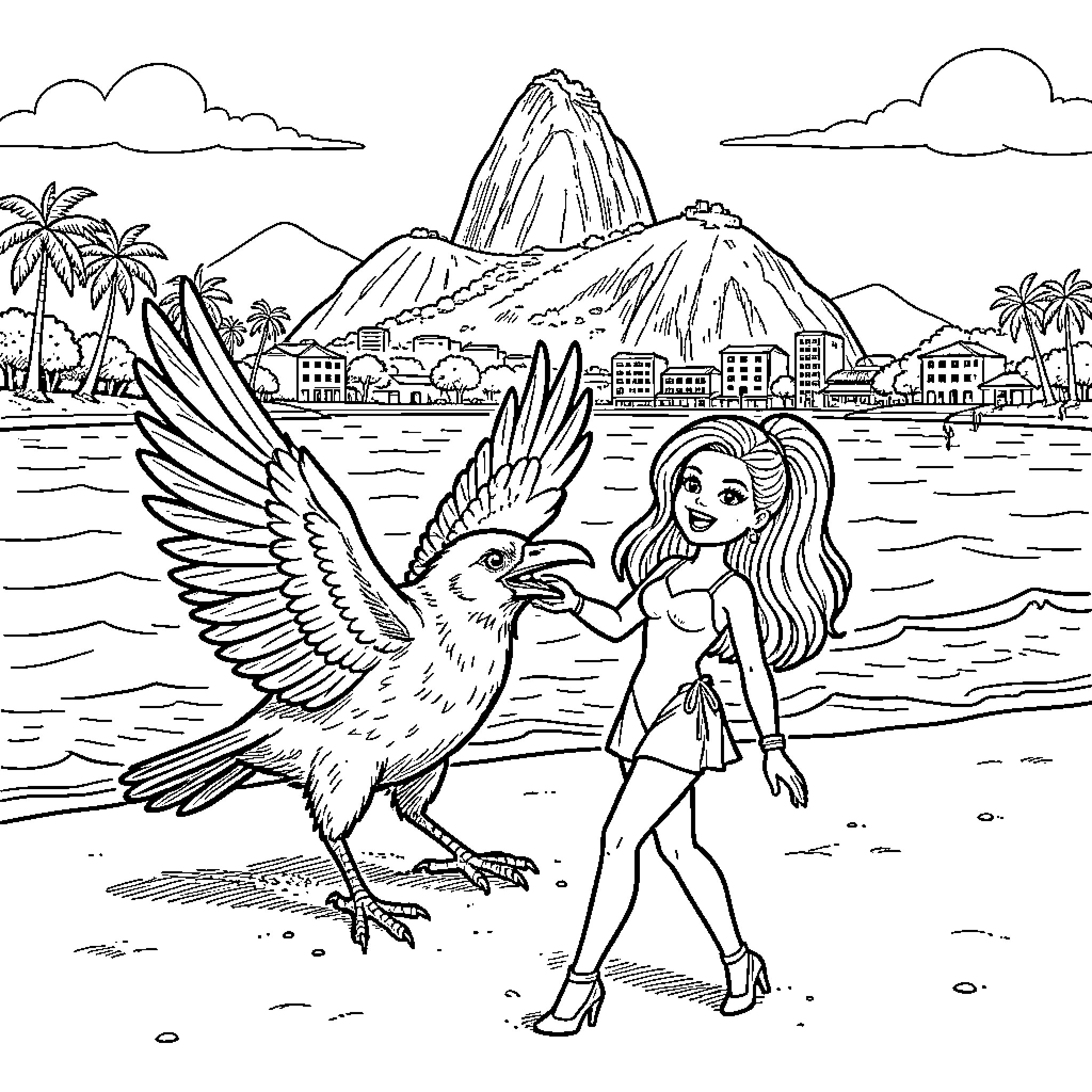 Raven interacting with a smiling woman on the beach Coloring Page (free black-and-white line drawing printable PDF for all, from beginners to advanced learners, including children, teens, adults, and seniors)