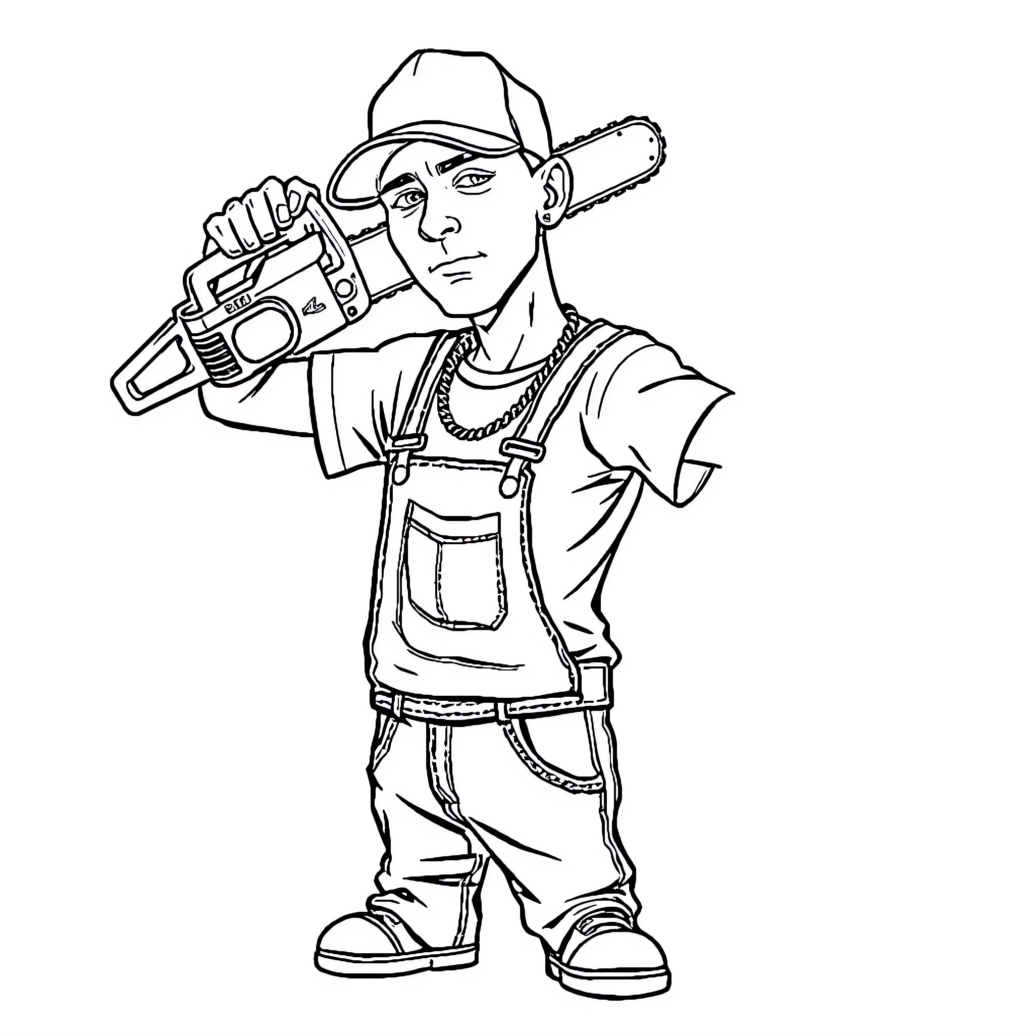 Eminem Wielding Chainsaw in Workman's Outfit Coloring Page (free black-and-white line drawing printable PDF for all, from beginners to advanced learners, including children, teens, adults, and seniors)