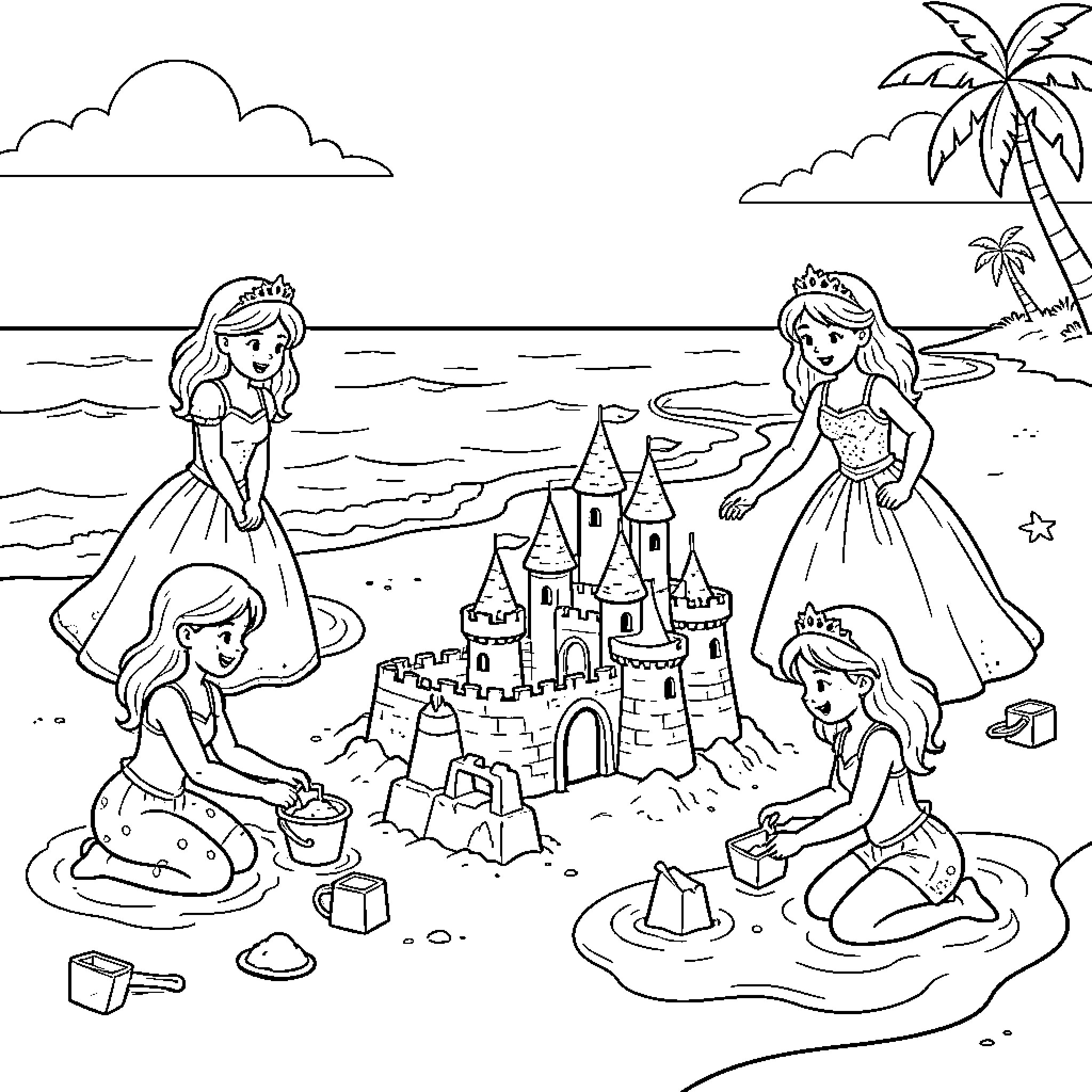 Princesses building a sandcastle on the beach Coloring Page (free black-and-white line drawing printable PDF for all, from beginners to advanced learners, including children, teens, adults, and seniors)
