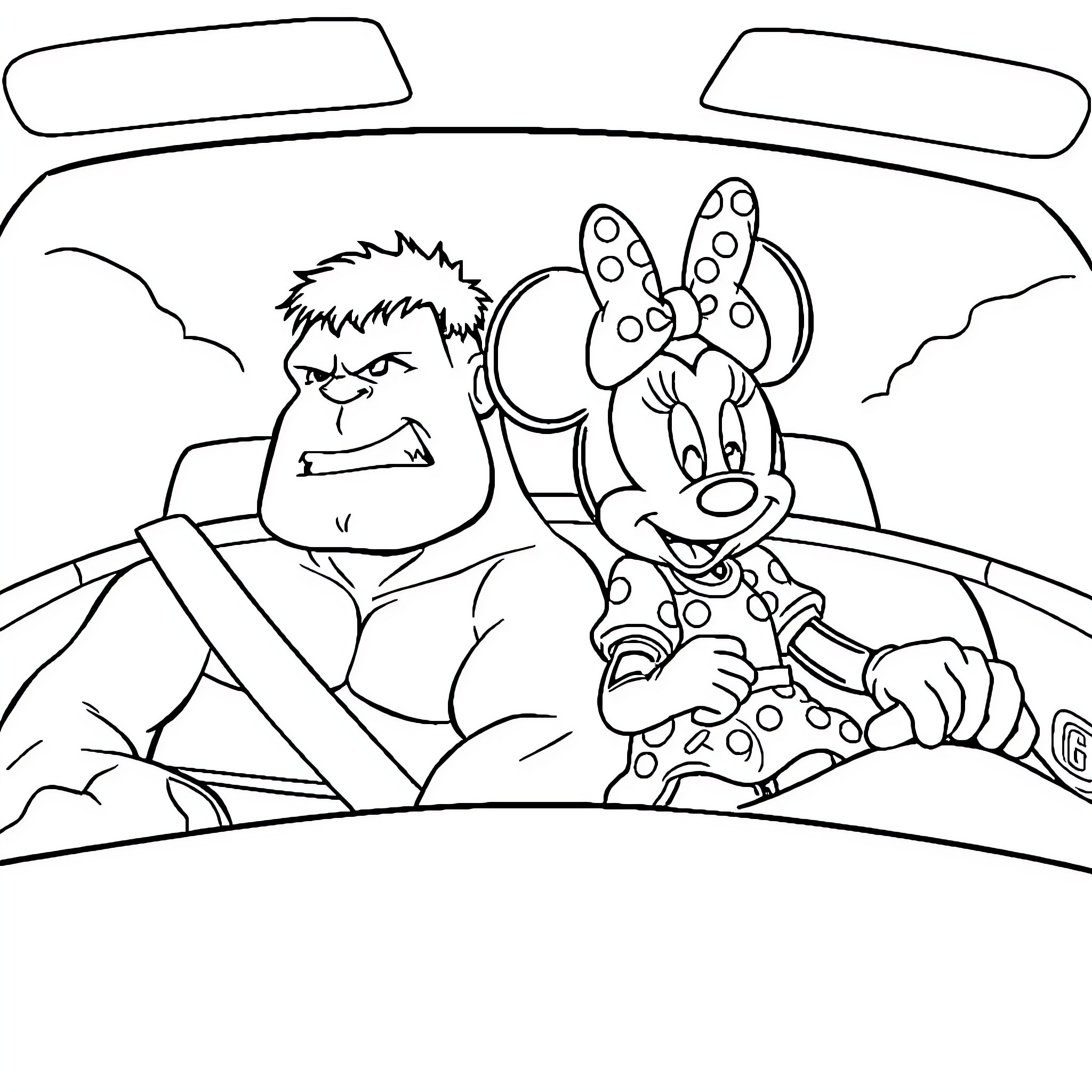 Hulk and Minnie Mouse driving a car together Coloring Page (free black-and-white line drawing printable PDF for all, from beginners to advanced learners, including children, teens, adults, and seniors)