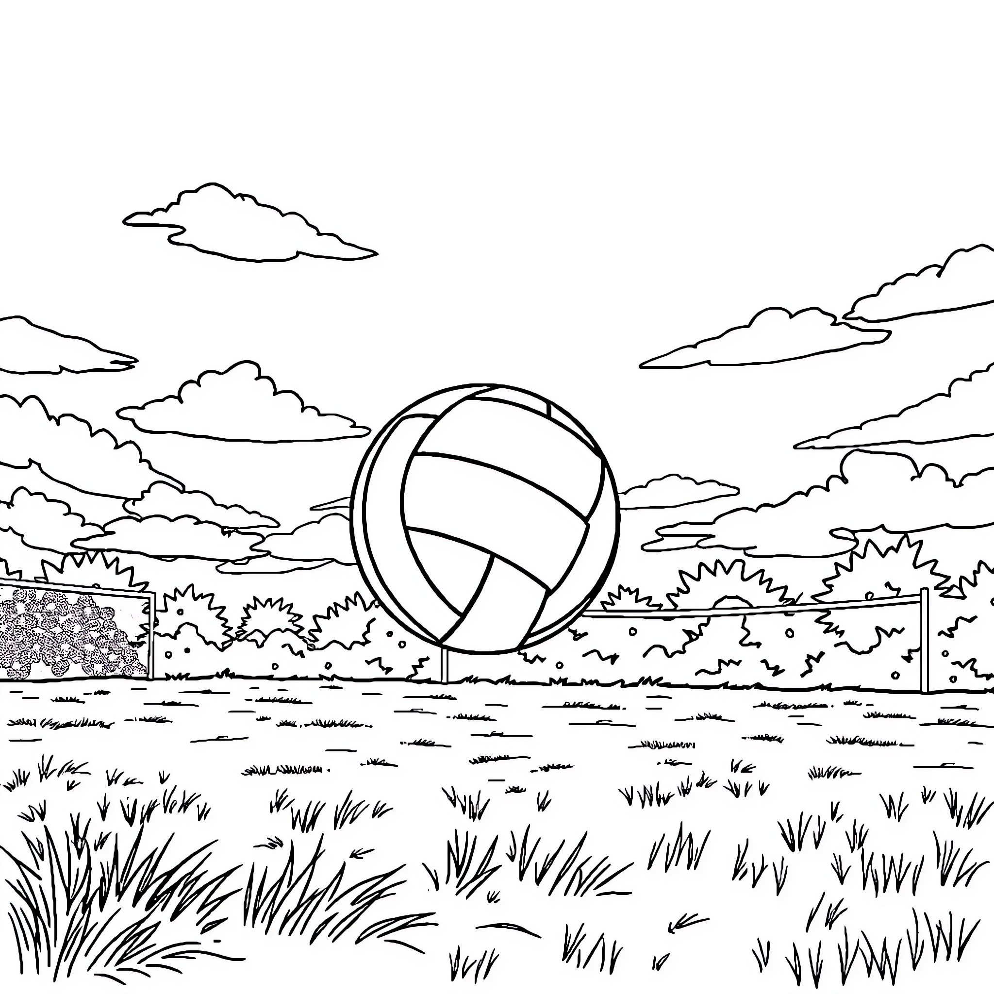 Volleyball players competing in outdoor setting Coloring Page (free black-and-white line drawing printable PDF for all, from beginners to advanced learners, including children, teens, adults, and seniors)