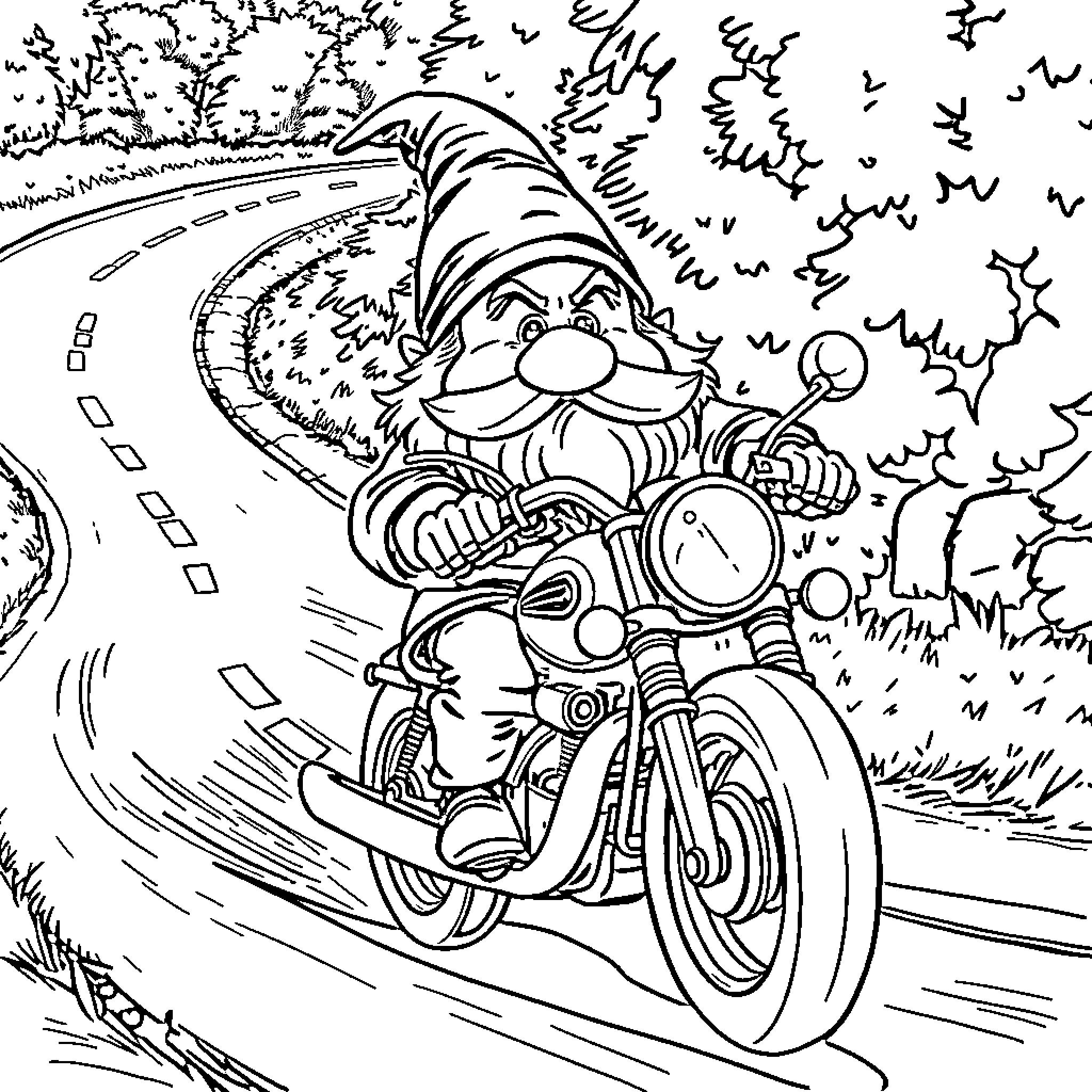 Dwarf riding a motorcycle in the forest Coloring Page (free black-and-white line drawing printable PDF for all, from beginners to advanced learners, including children, teens, adults, and seniors)