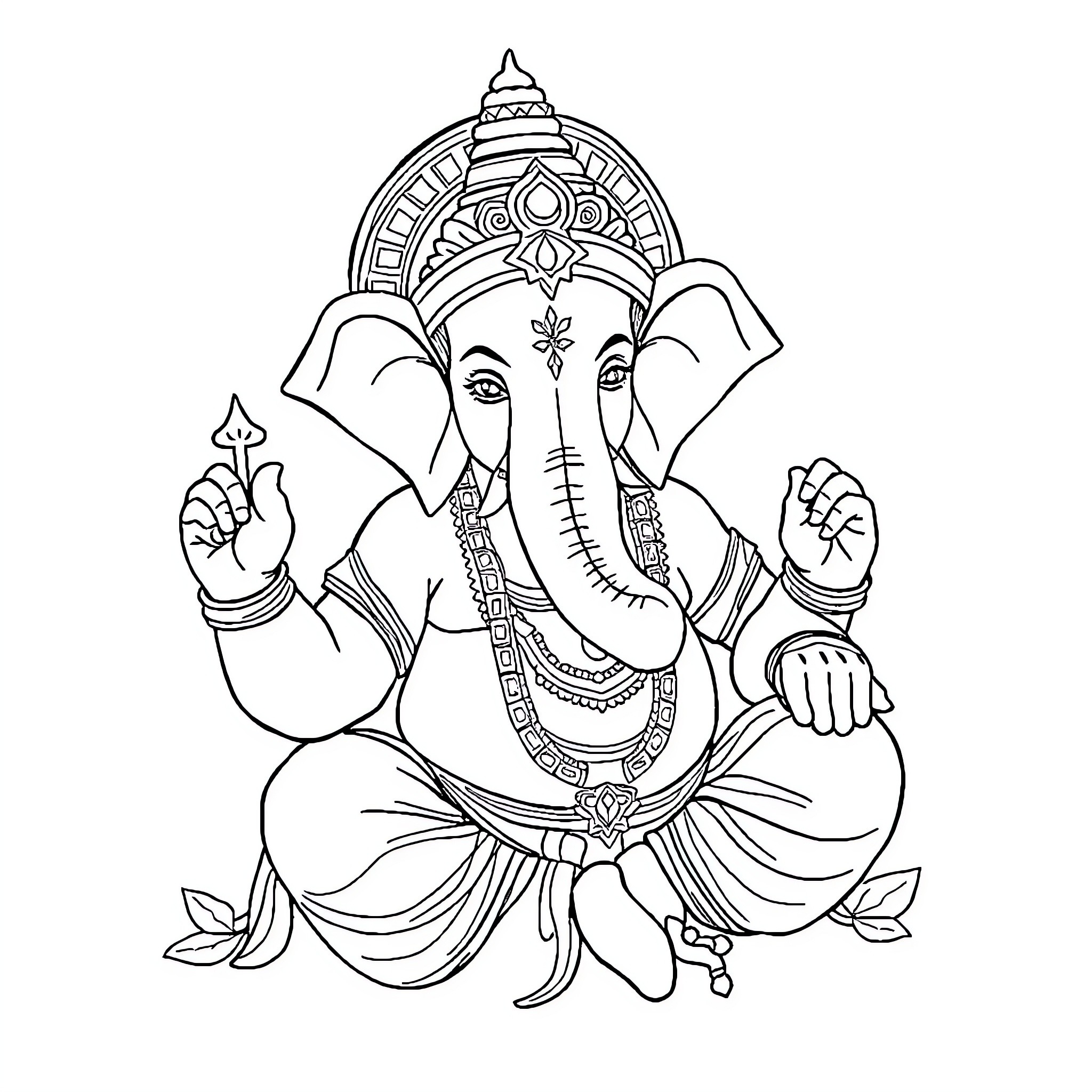 Ganesh the Elephant-Headed Deity in Meditative Pose Coloring Page (free black-and-white line drawing printable PDF for all, from beginners to advanced learners, including children, teens, adults, and seniors)