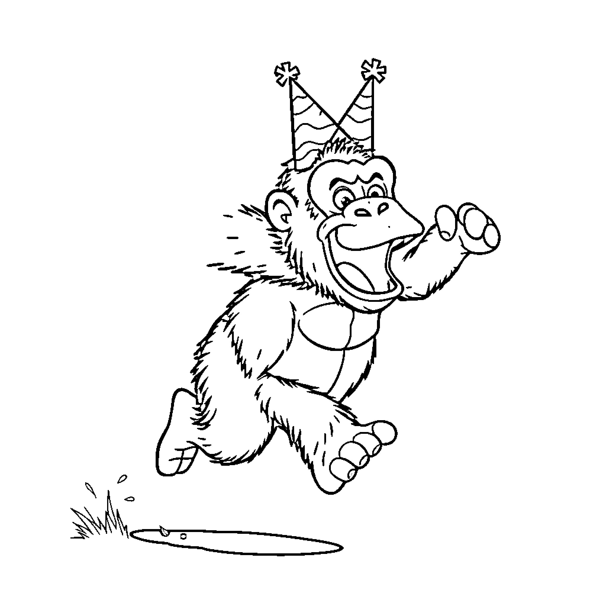 Gorilla celebrating with party hats and excitement Coloring Page (free black-and-white line drawing printable PDF for all, from beginners to advanced learners, including children, teens, adults, and seniors)