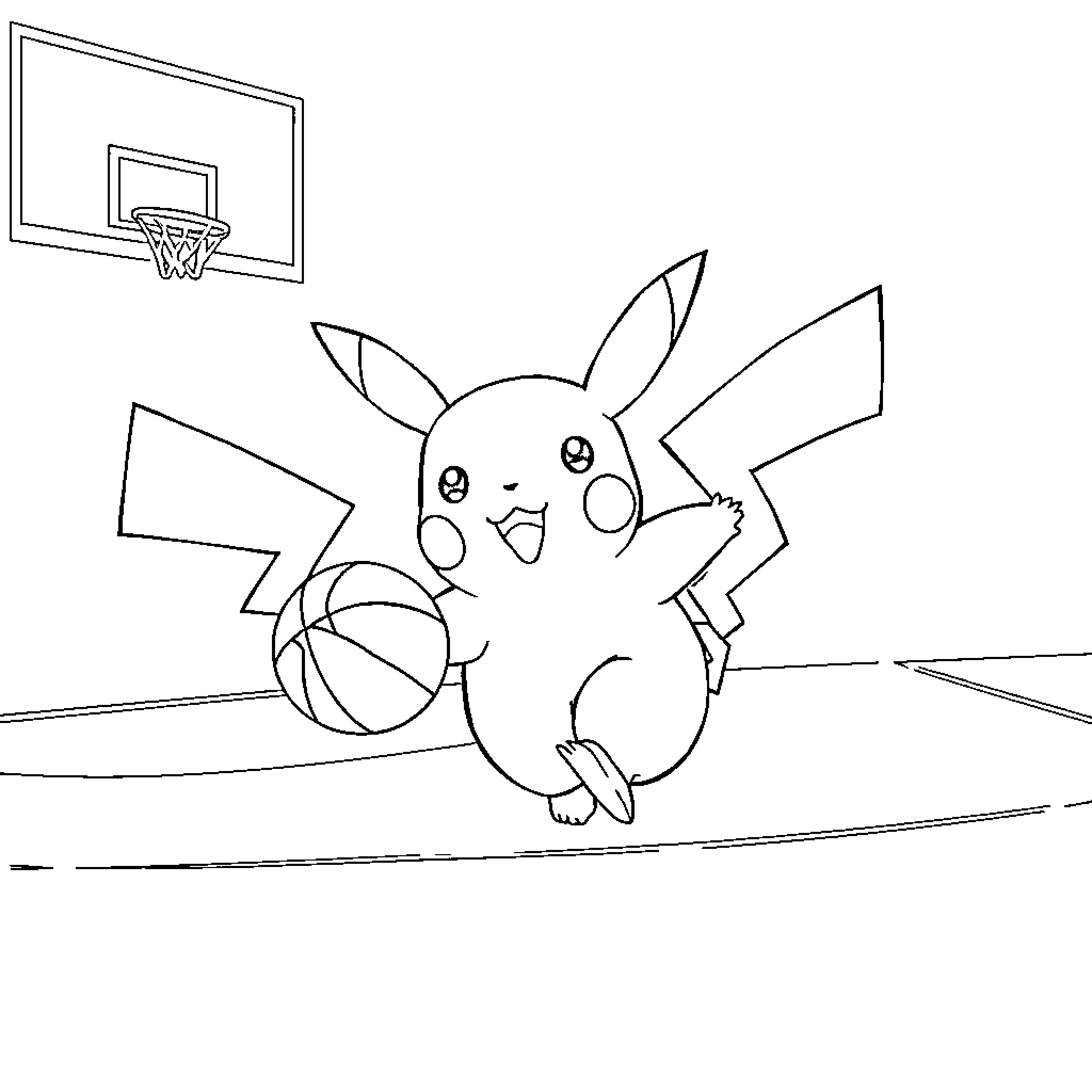 Pikachu playing with basketball on court Coloring Page (free black-and-white line drawing printable PDF for all, from beginners to advanced learners, including children, teens, adults, and seniors)