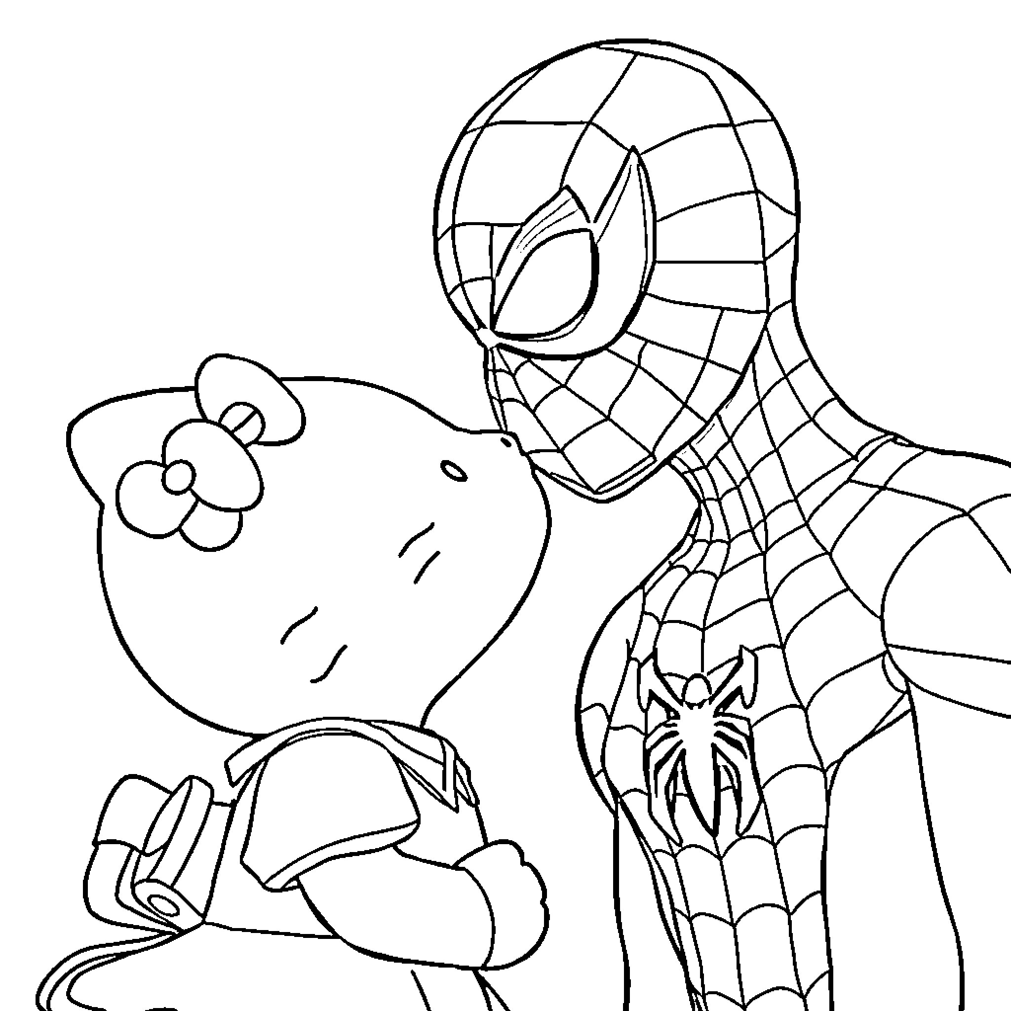 Hello Kitty meets friendly Spider-Man Coloring Page (free black-and-white line drawing printable PDF for all, from beginners to advanced learners, including children, teens, adults, and seniors)