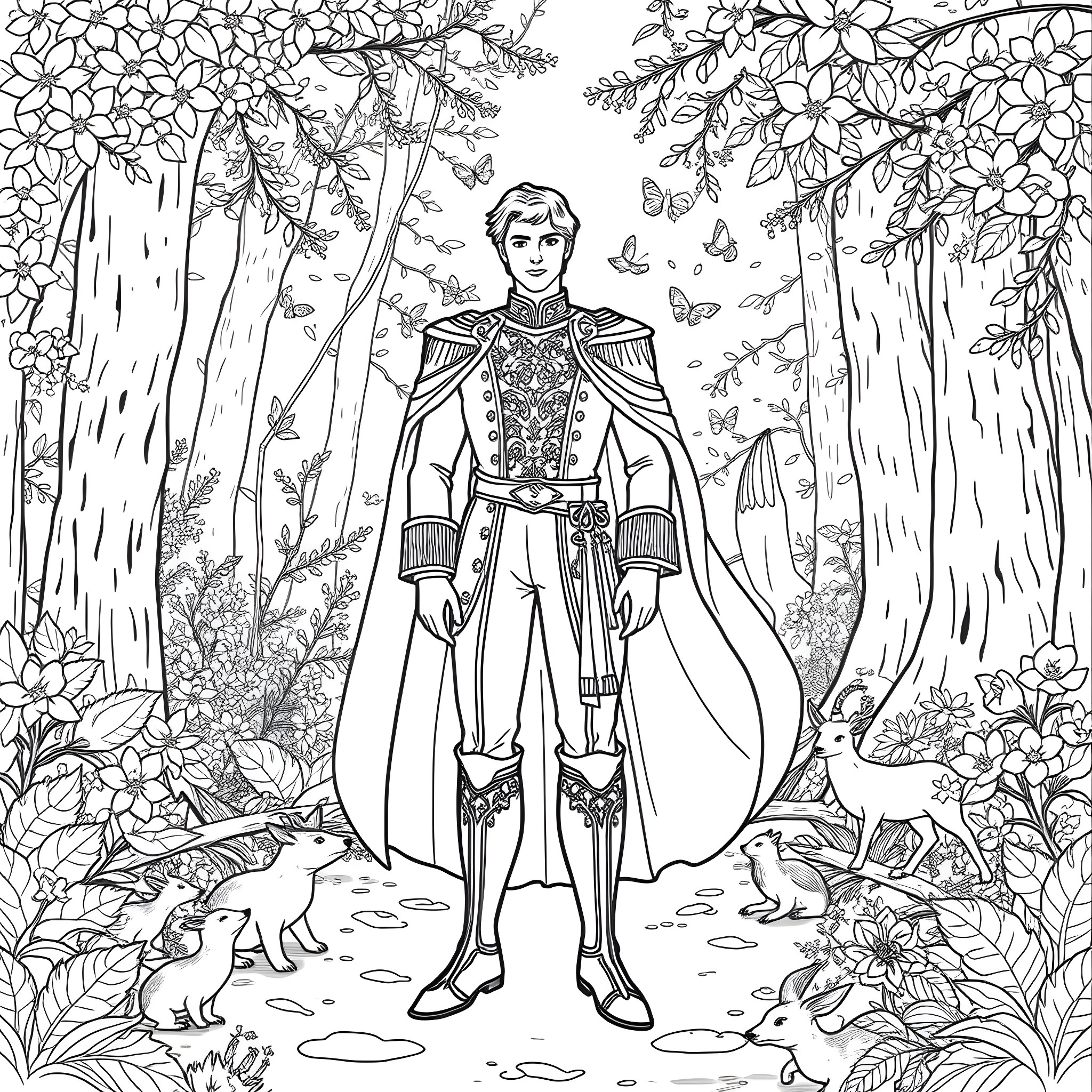 Prince Charming in the Enchanted Forest Coloring Page (free black-and-white line drawing printable PDF for all, from beginners to advanced learners, including children, teens, adults, and seniors)