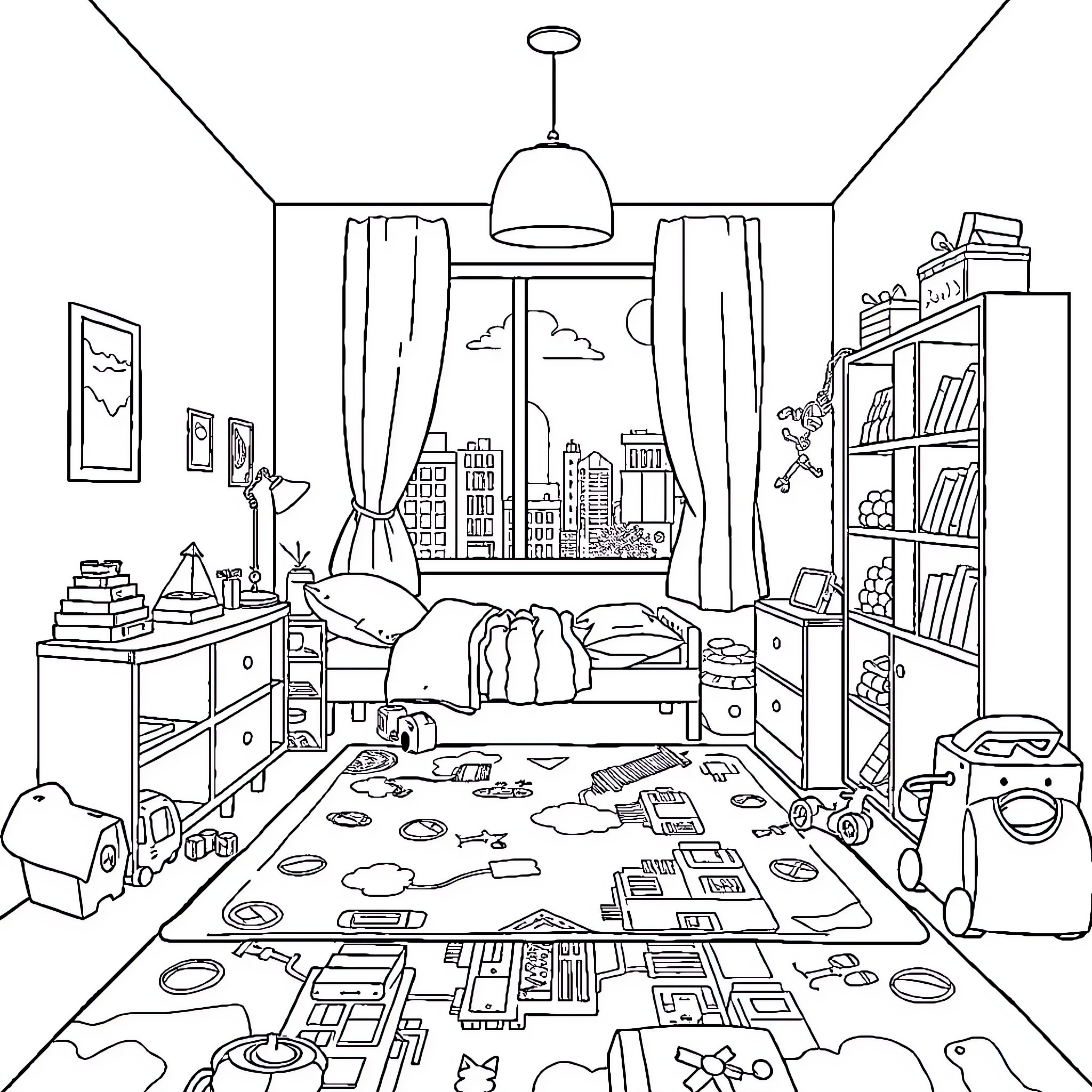 Beyblade Beyblader's Messy Bedroom Adventure Coloring Page (free black-and-white line drawing printable PDF for all, from beginners to advanced learners, including children, teens, adults, and seniors)