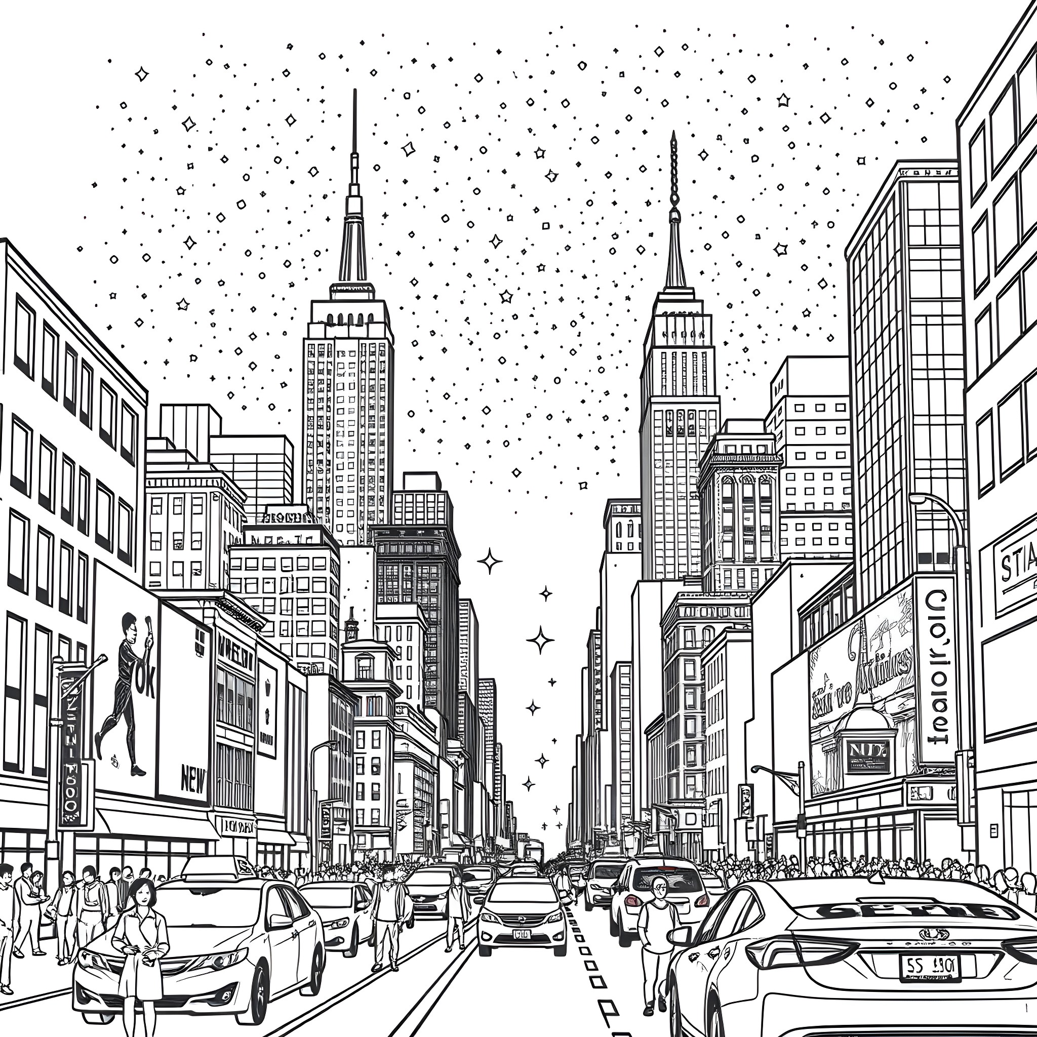 New York City Bustling Cityscape with Skyscrapers and Pedestrians Coloring Page (free black-and-white line drawing printable PDF for all, from beginners to advanced learners, including children, teens, adults, and seniors)