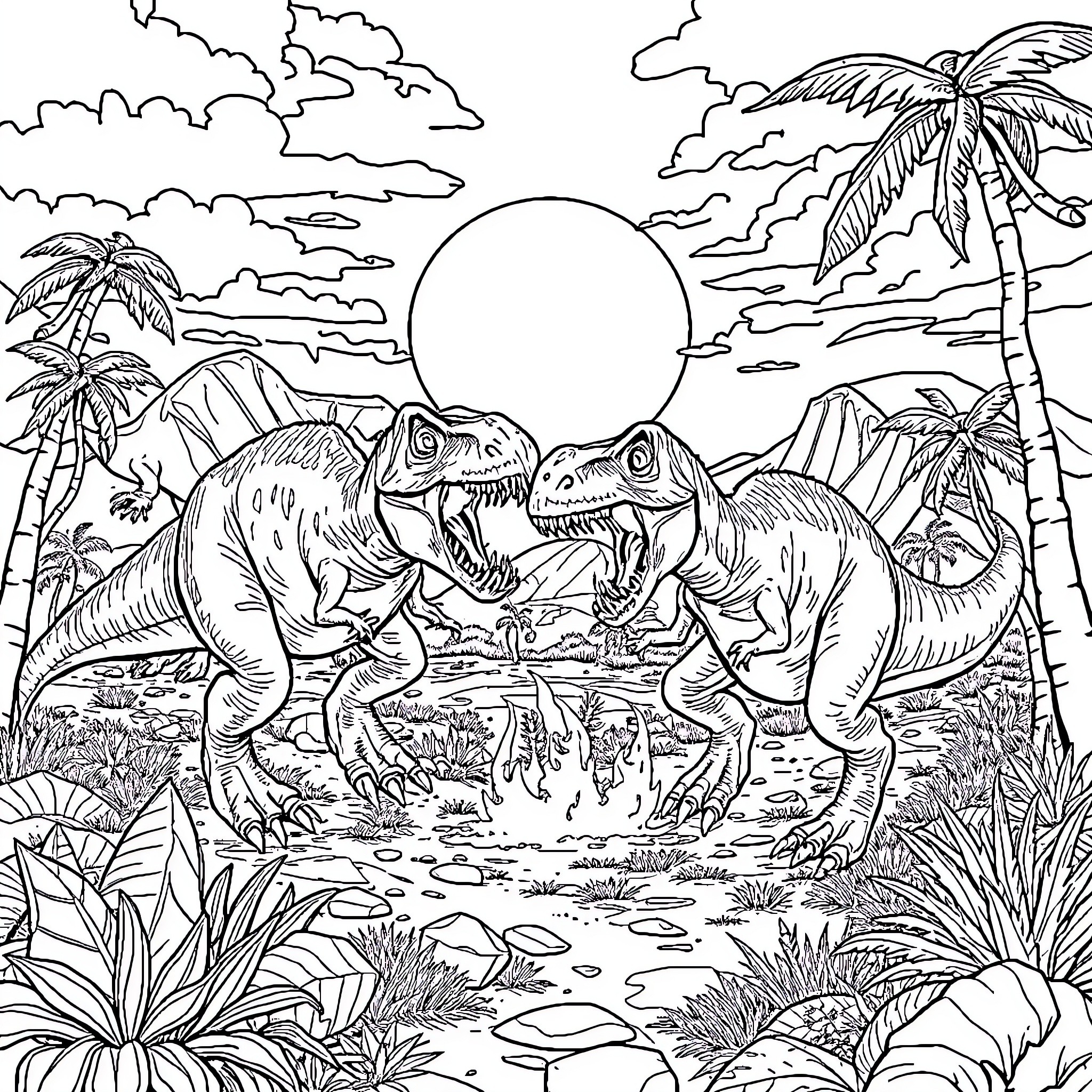 Dino Duo Roaming the Prehistoric Landscape Coloring Page (free black-and-white line drawing printable PDF for all, from beginners to advanced learners, including children, teens, adults, and seniors)