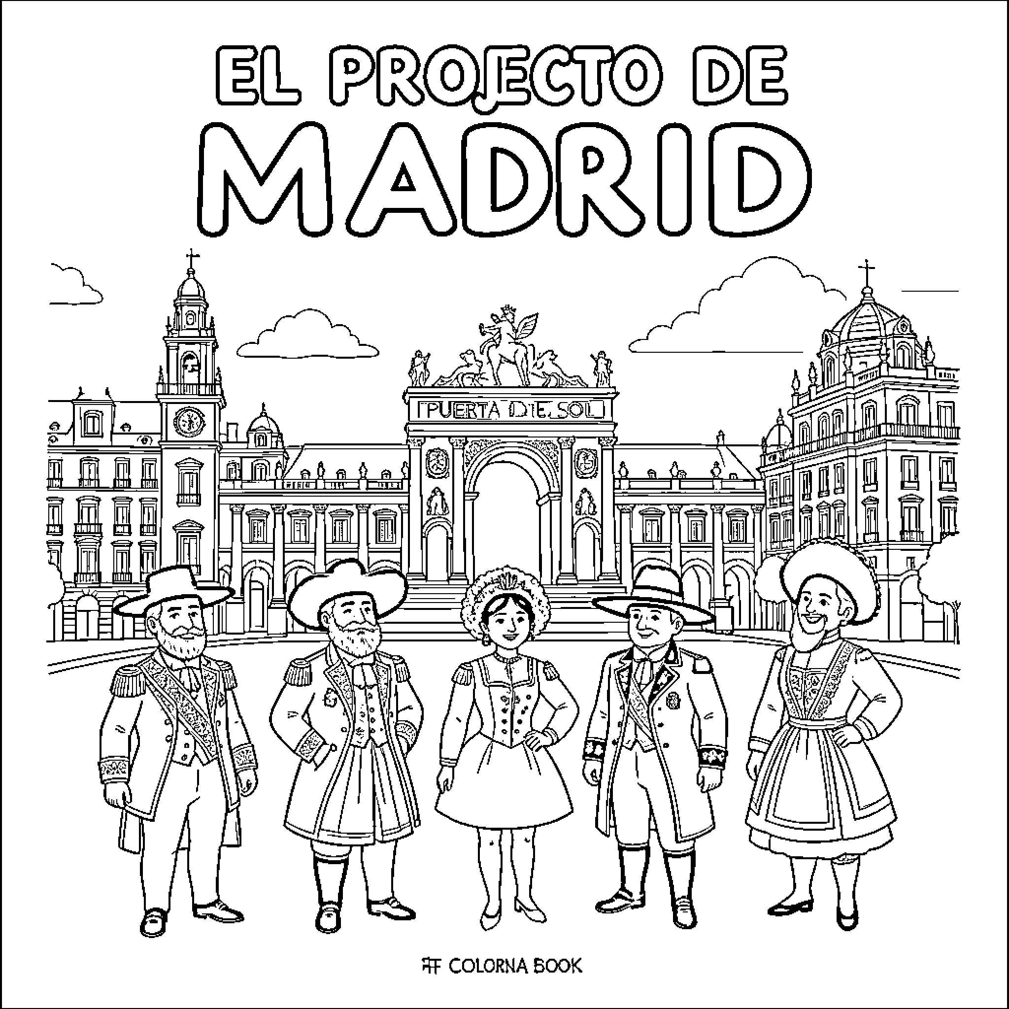 Madrid historic buildings and locals in traditional attire Coloring Page (free black-and-white line drawing printable PDF for all, from beginners to advanced learners, including children, teens, adults, and seniors)