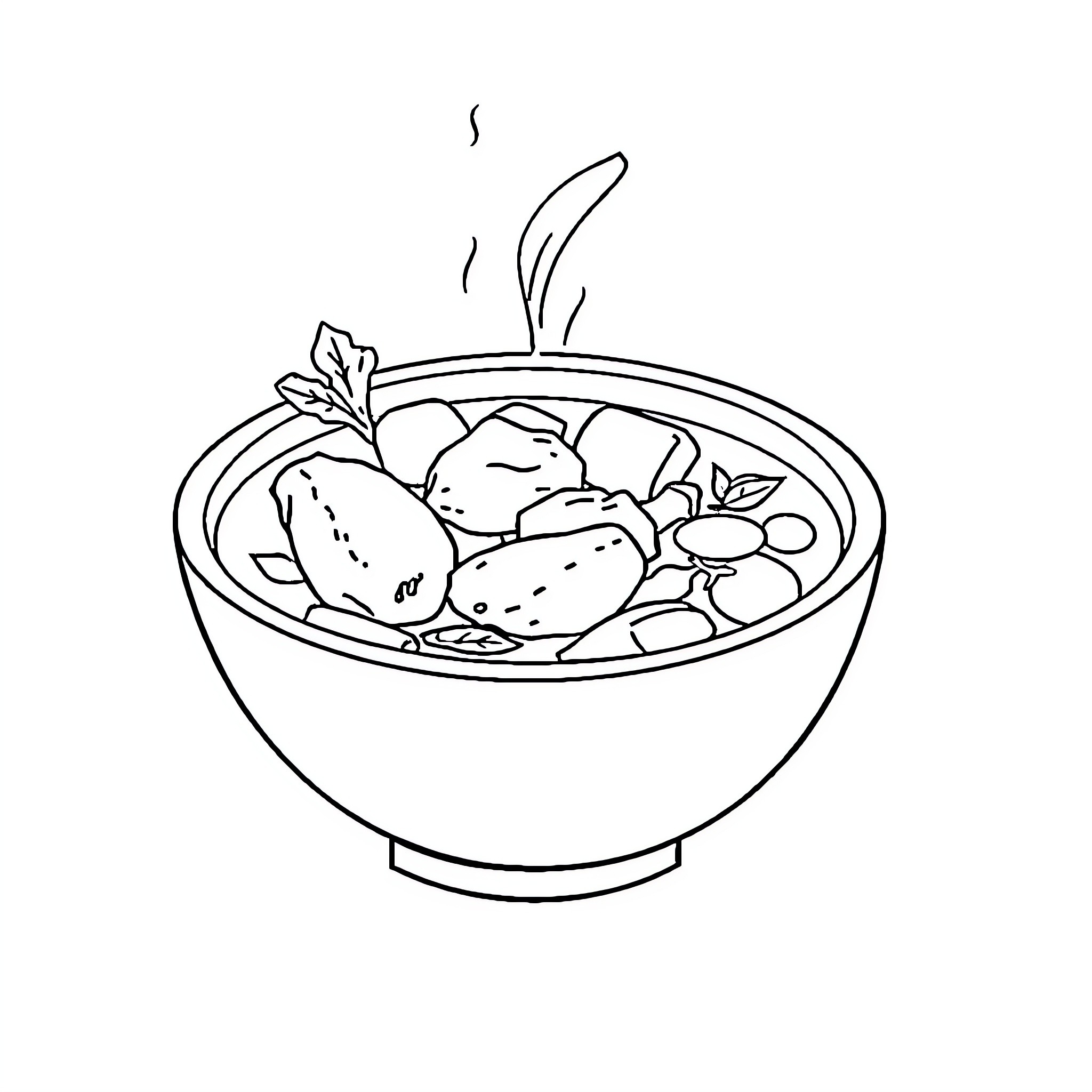 Chicken soup with vegetables in a bowl Coloring Page (free black-and-white line drawing printable PDF for all, from beginners to advanced learners, including children, teens, adults, and seniors)