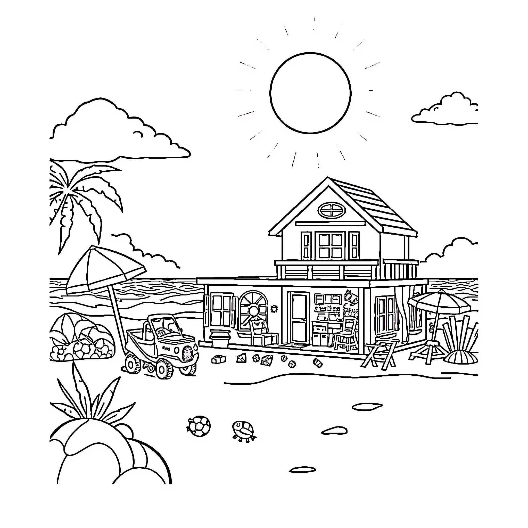 Gabby's tropical beach vacation getaway Coloring Page (free black-and-white line drawing printable PDF for all, from beginners to advanced learners, including children, teens, adults, and seniors)