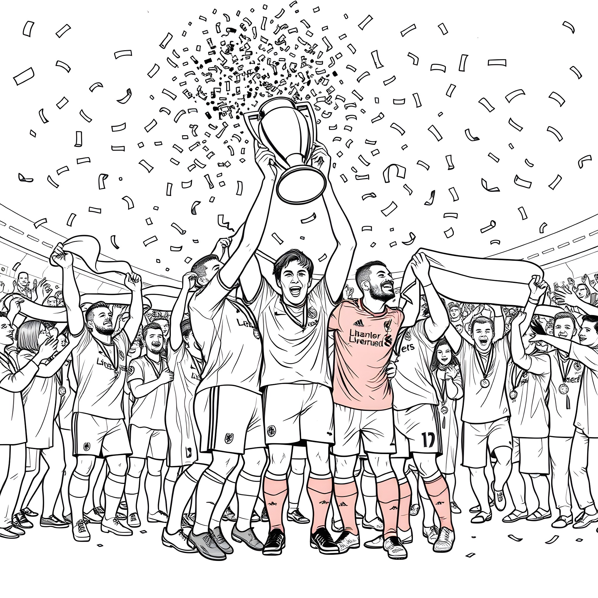 Liverpool players celebrating victory with trophy Coloring Page (free black-and-white line drawing printable PDF for all, from beginners to advanced learners, including children, teens, adults, and seniors)
