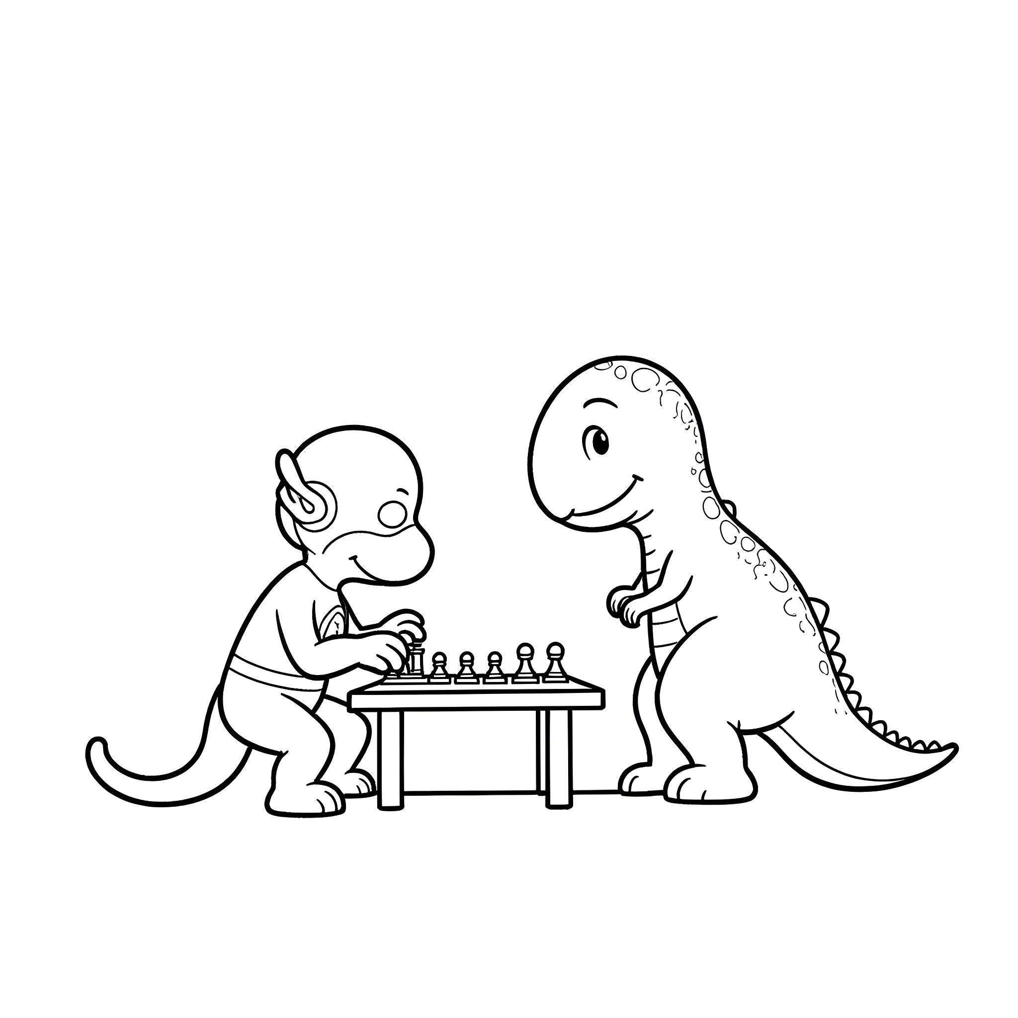 Flash Playing Chess with Dinosaur Coloring Page (free black-and-white line drawing printable PDF for all, from beginners to advanced learners, including children, teens, adults, and seniors)
