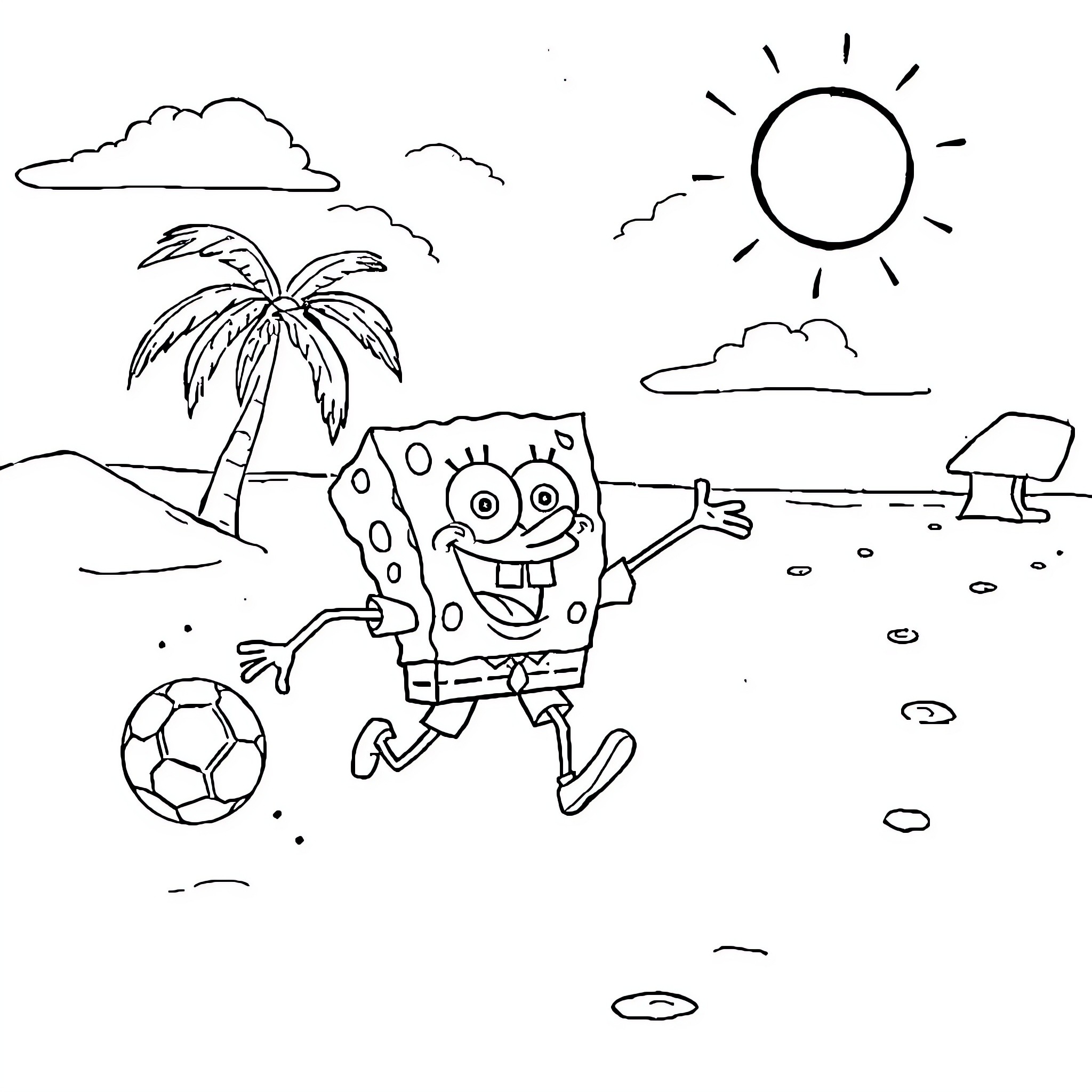 Spongebob playing soccer on the beach Coloring Page (free black-and-white line drawing printable PDF for all, from beginners to advanced learners, including children, teens, adults, and seniors)