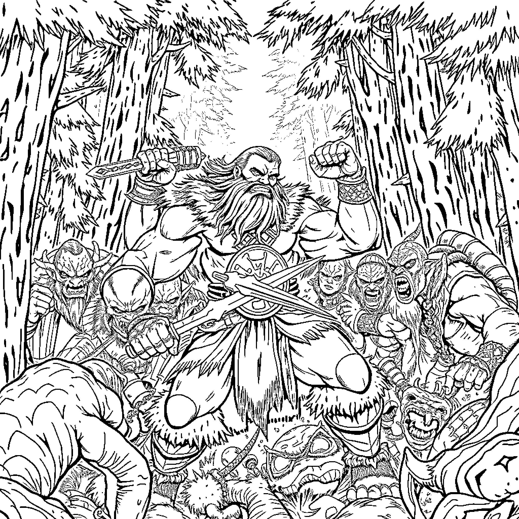 Barbarian Warrior Facing Horde of Fierce Enemies Coloring Page (free black-and-white line drawing printable PDF for all, from beginners to advanced learners, including children, teens, adults, and seniors)