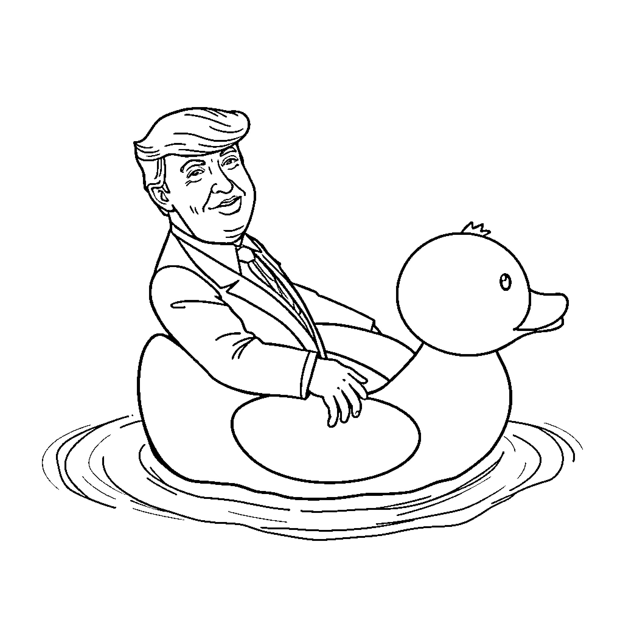 Donald Trump sitting in a rubber duck bathtub Coloring Page (free black-and-white line drawing printable PDF for all, from beginners to advanced learners, including children, teens, adults, and seniors)
