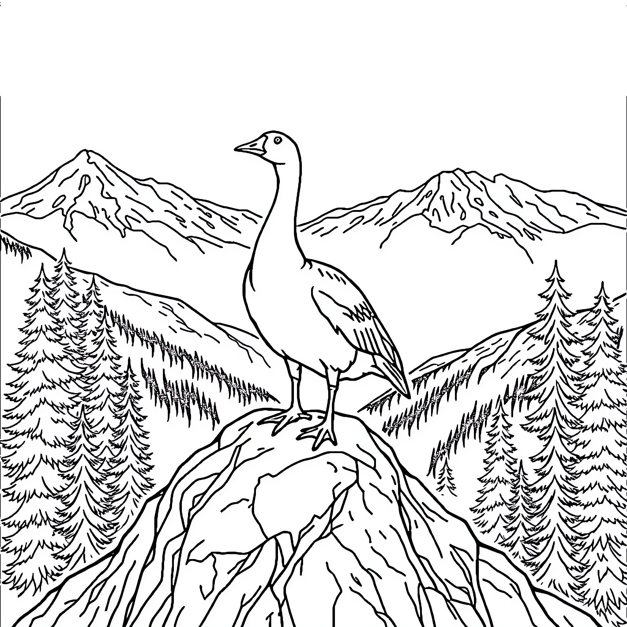 Goose standing tall on a rocky mountain peak Coloring Page (free black-and-white line drawing printable PDF for all, from beginners to advanced learners, including children, teens, adults, and seniors)