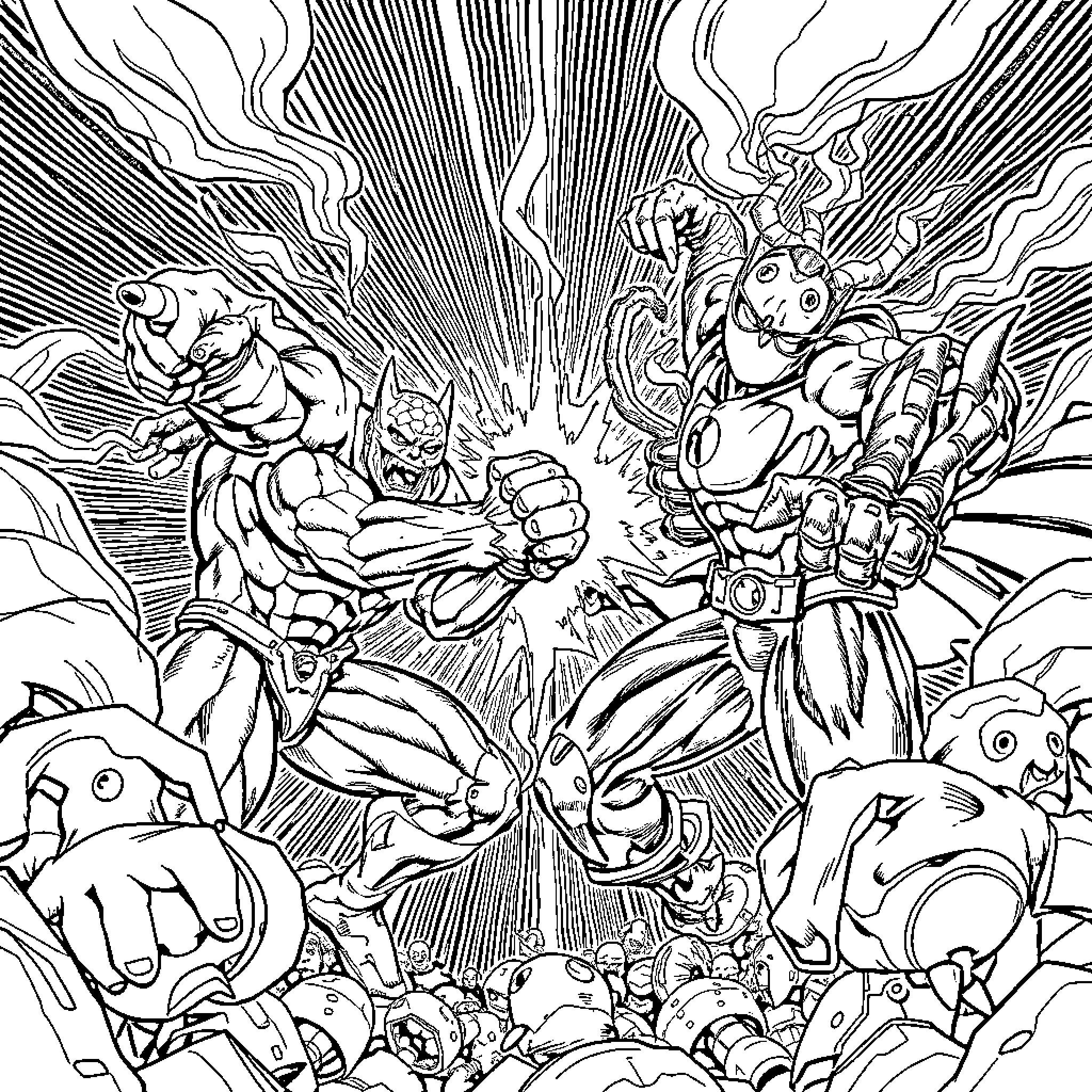 Superthings in an Epic Clash of Heroic Might Coloring Page (free black-and-white line drawing printable PDF for all, from beginners to advanced learners, including children, teens, adults, and seniors)