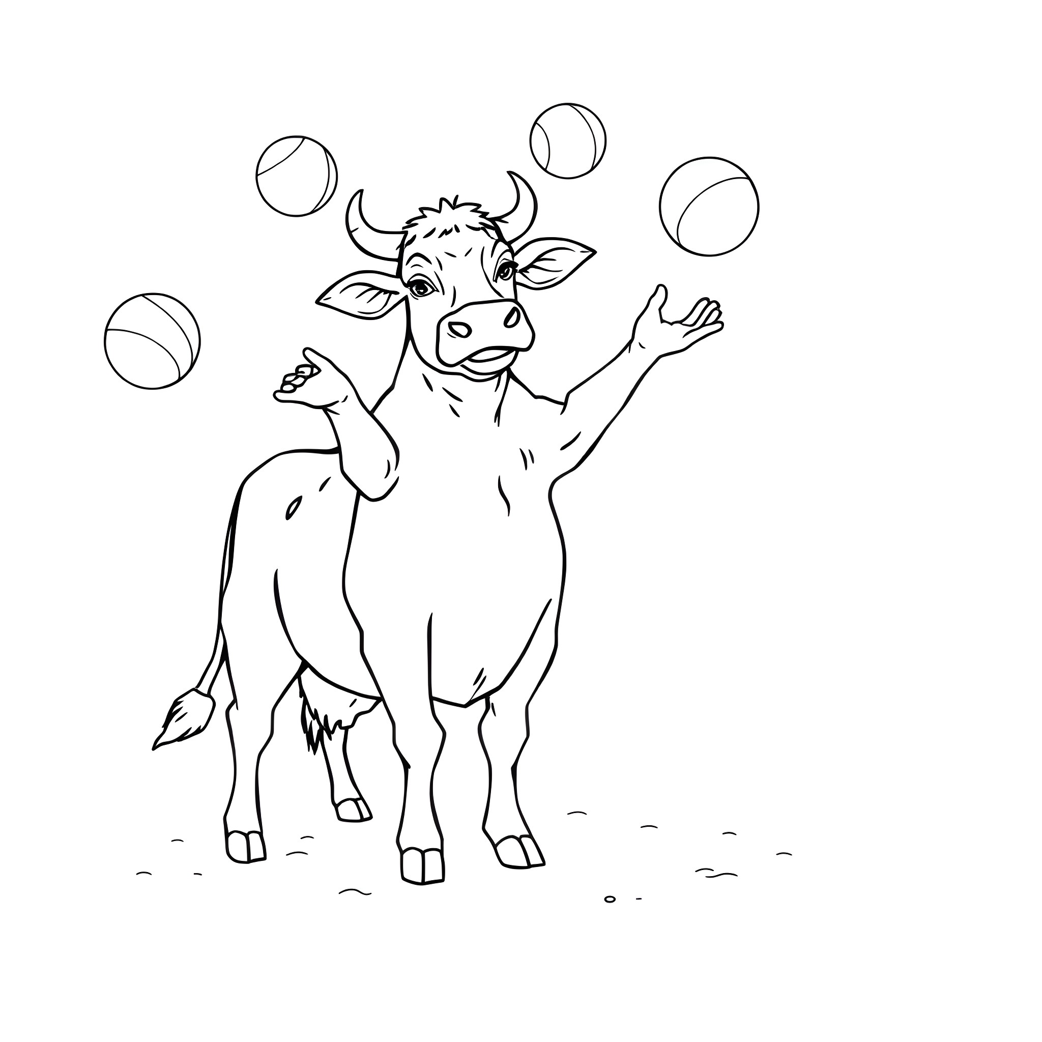 Cow playing with balls in the field Coloring Page (free black-and-white line drawing printable PDF for all, from beginners to advanced learners, including children, teens, adults, and seniors)