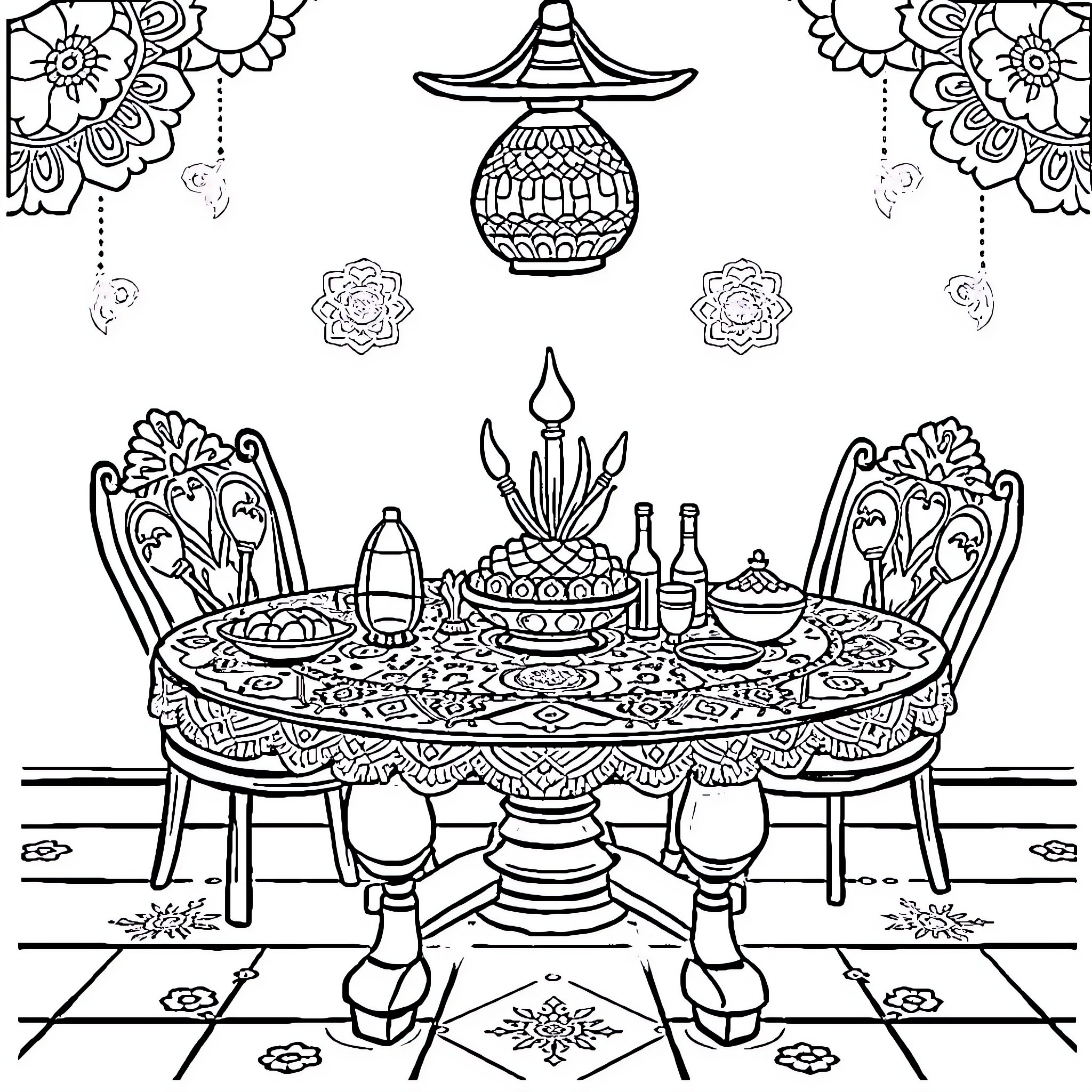 Dhokla feast with ornate table setting Coloring Page (free black-and-white line drawing printable PDF for all, from beginners to advanced learners, including children, teens, adults, and seniors)