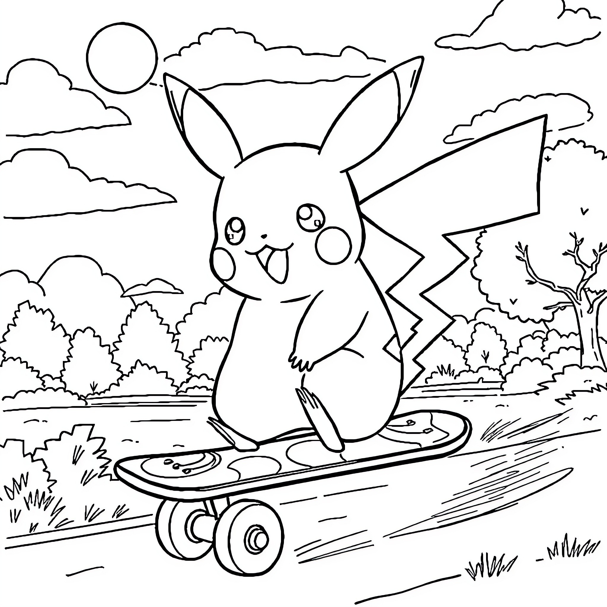 Pikachu enjoying a skateboarding adventure in the outdoors Coloring Page (free black-and-white line drawing printable PDF for all, from beginners to advanced learners, including children, teens, adults, and seniors)
