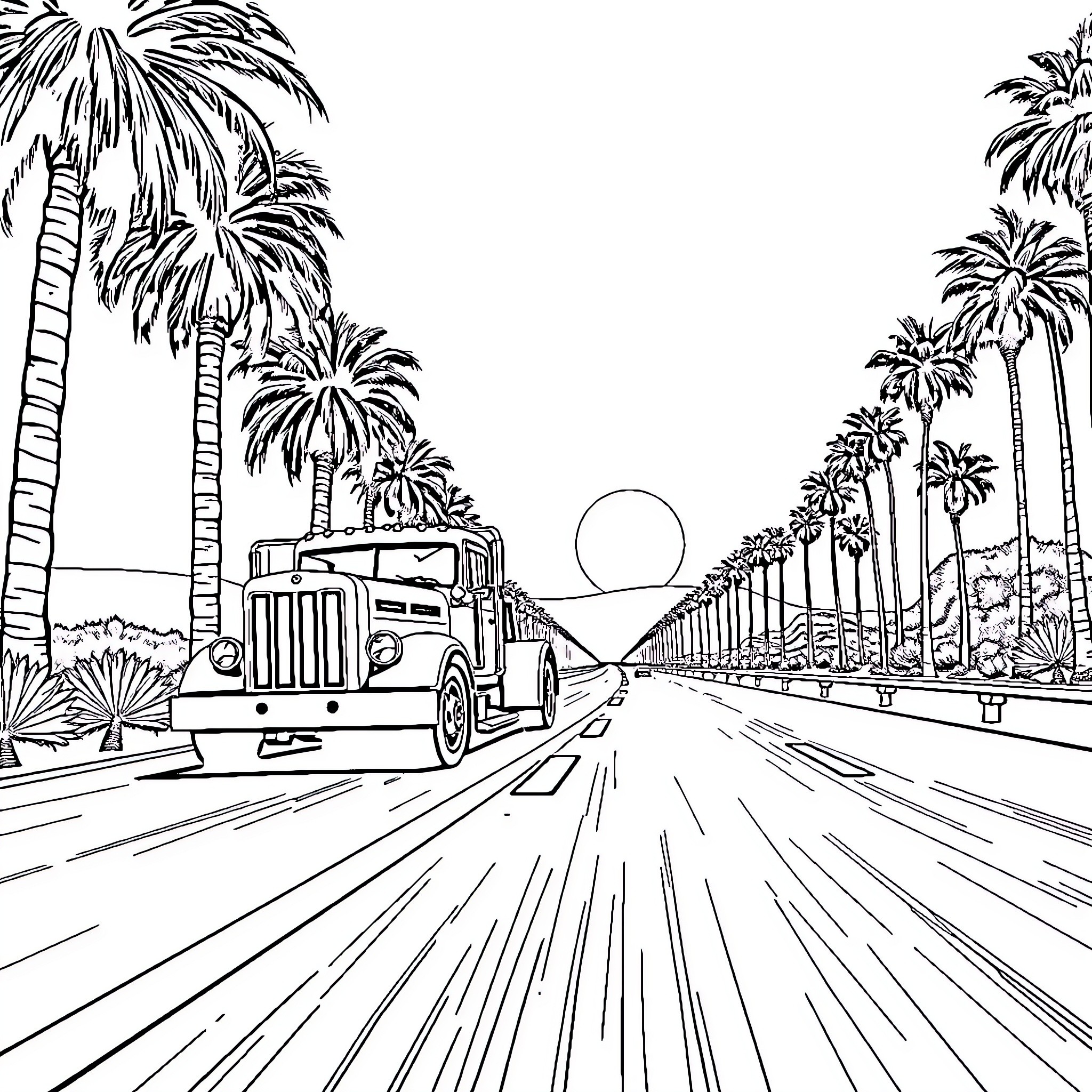 Truck driving through palm-lined streets Coloring Page (free black-and-white line drawing printable PDF for all, from beginners to advanced learners, including children, teens, adults, and seniors)