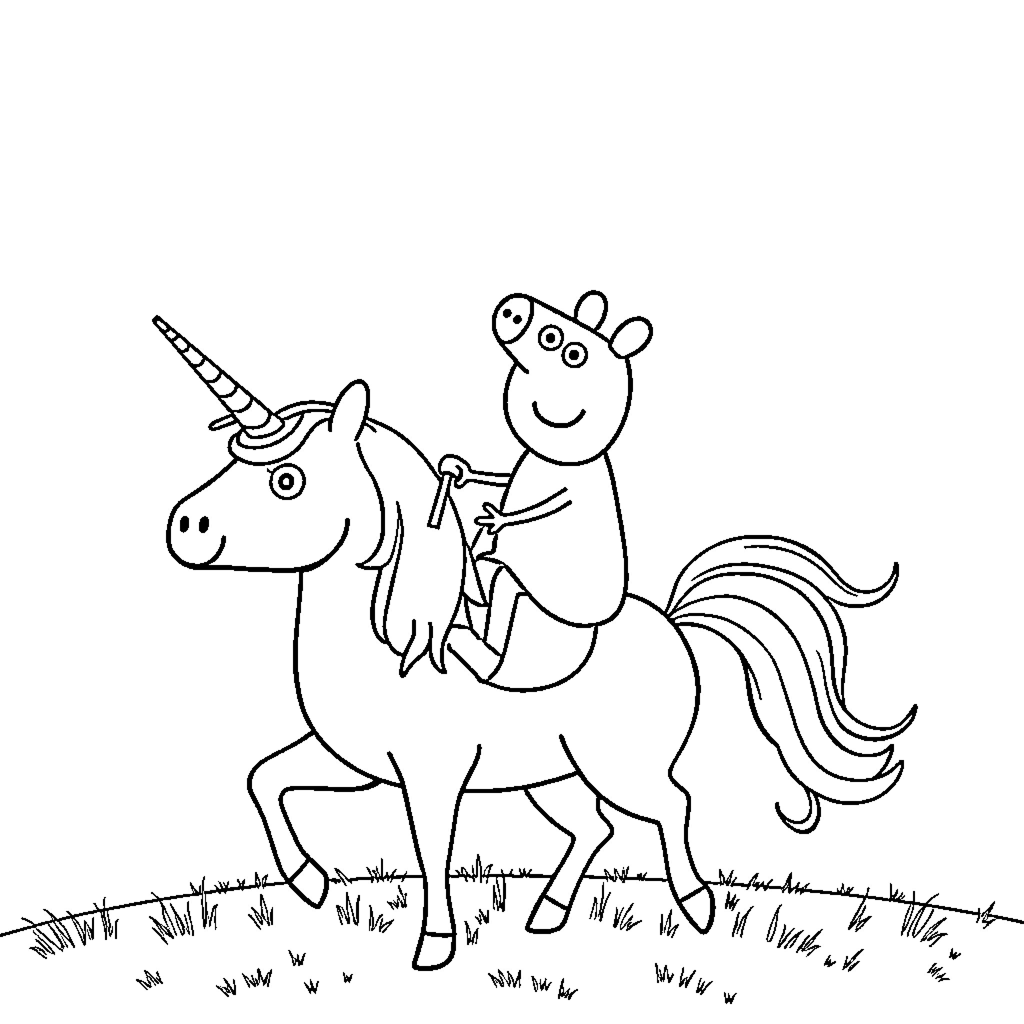 Peppa Pig riding a unicorn in the meadow Coloring Page (free black-and-white line drawing printable PDF for all, from beginners to advanced learners, including children, teens, adults, and seniors)