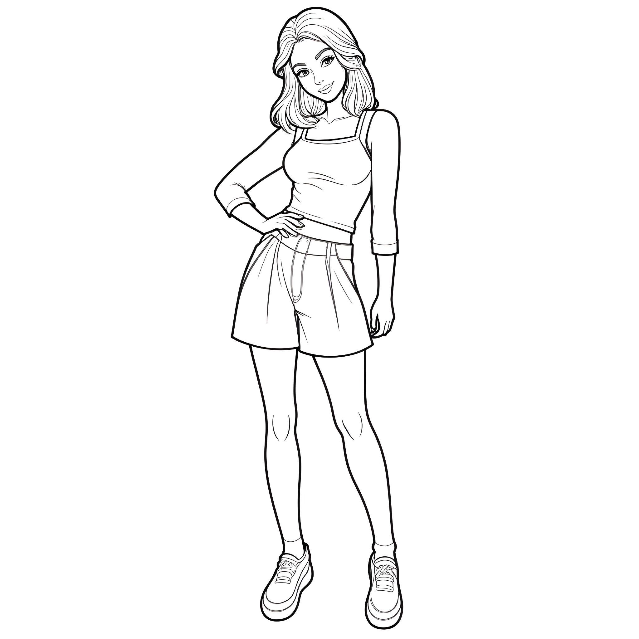 Girl posing in casual outfit with confidence Coloring Page (free black-and-white line drawing printable PDF for all, from beginners to advanced learners, including children, teens, adults, and seniors)