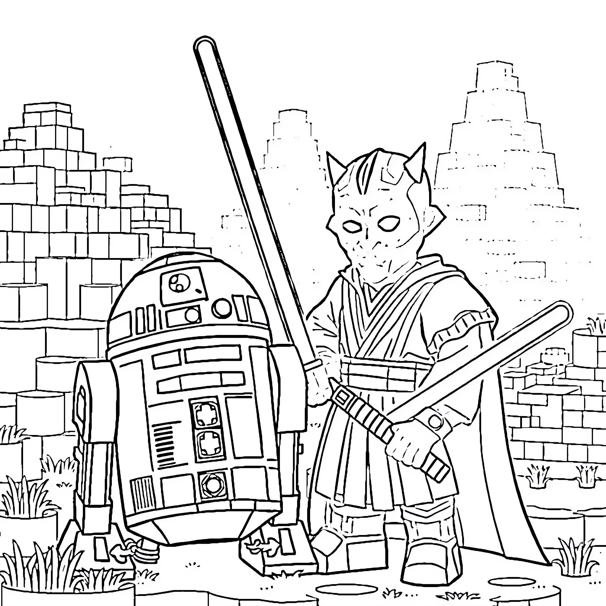 Darth Maul and R2-D2 in an ancient city landscape Coloring Page (free black-and-white line drawing printable PDF for all, from beginners to advanced learners, including children, teens, adults, and seniors)
