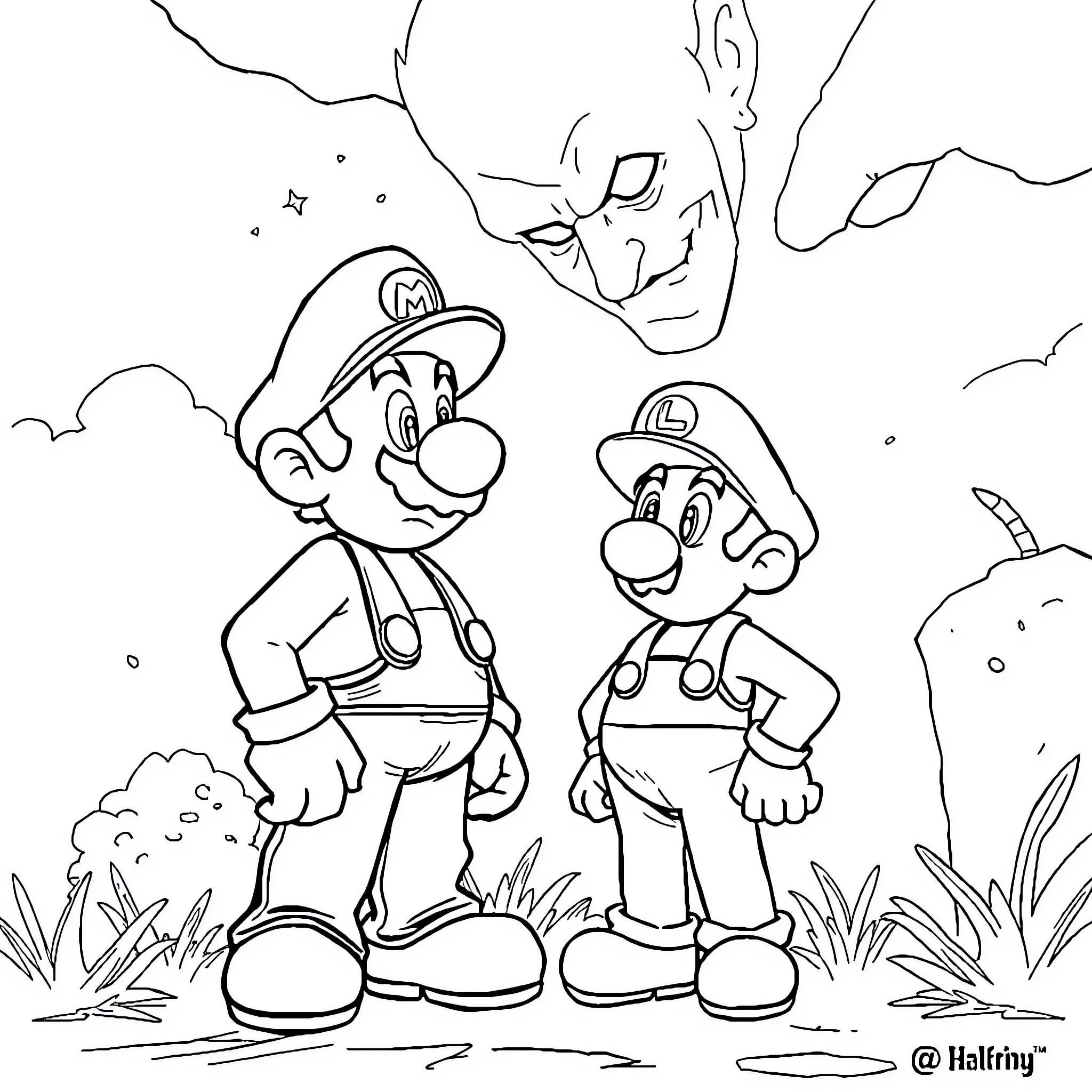 Mario and Luigi on an adventure in the woods Coloring Page (free black-and-white line drawing printable PDF for all, from beginners to advanced learners, including children, teens, adults, and seniors)