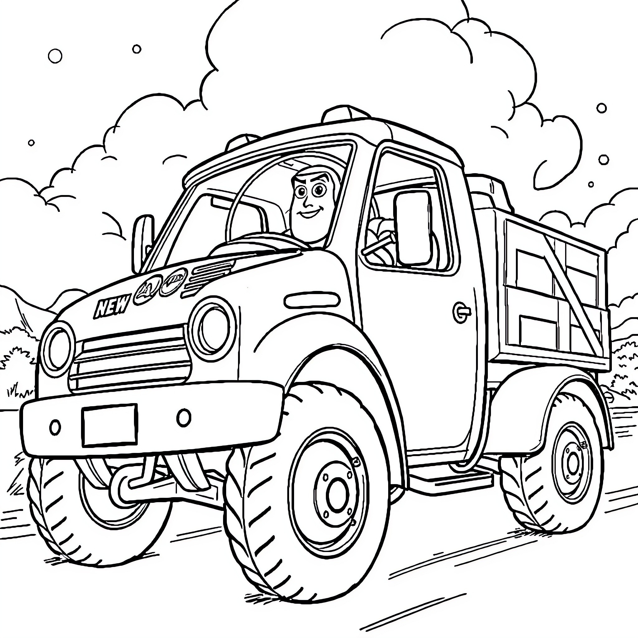 Buzz Lightyear driving a rugged utility vehicle Coloring Page (free black-and-white line drawing printable PDF for all, from beginners to advanced learners, including children, teens, adults, and seniors)