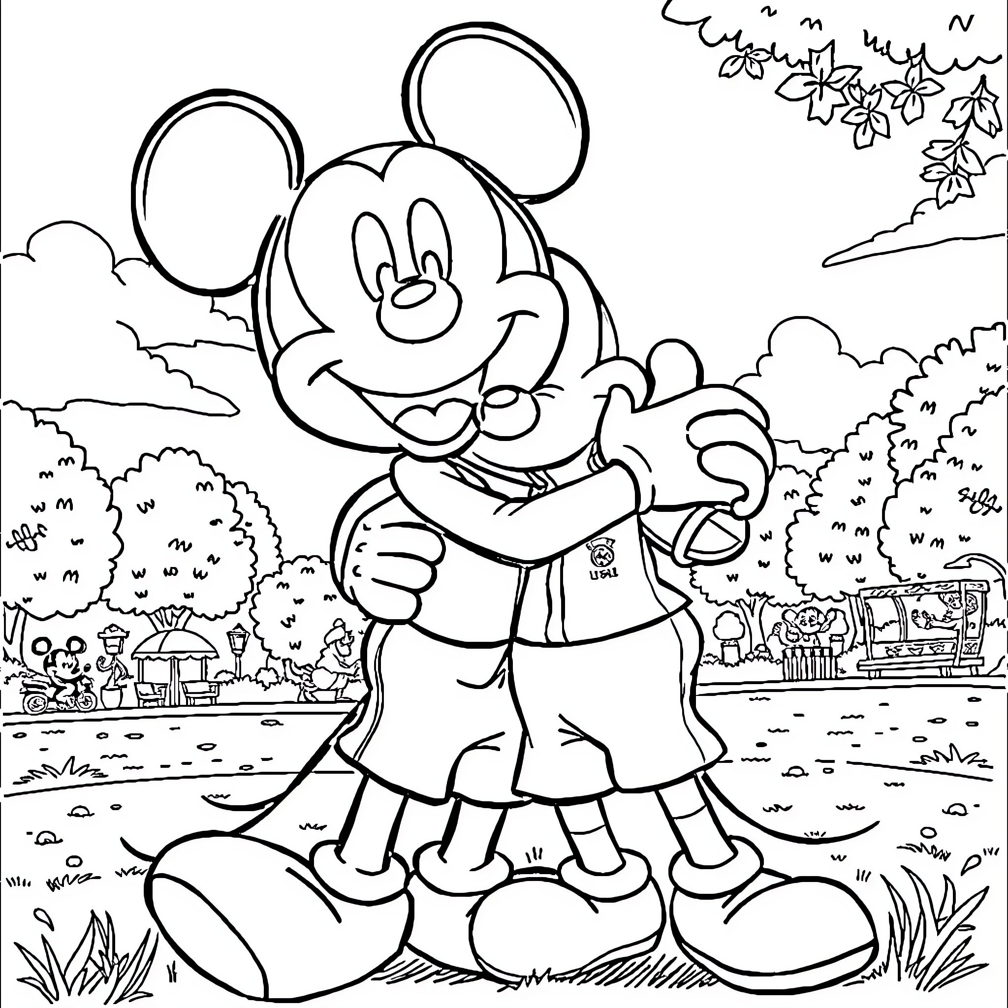 Mickey Mouse enjoying a nature walk Coloring Page (free black-and-white line drawing printable PDF for all, from beginners to advanced learners, including children, teens, adults, and seniors)