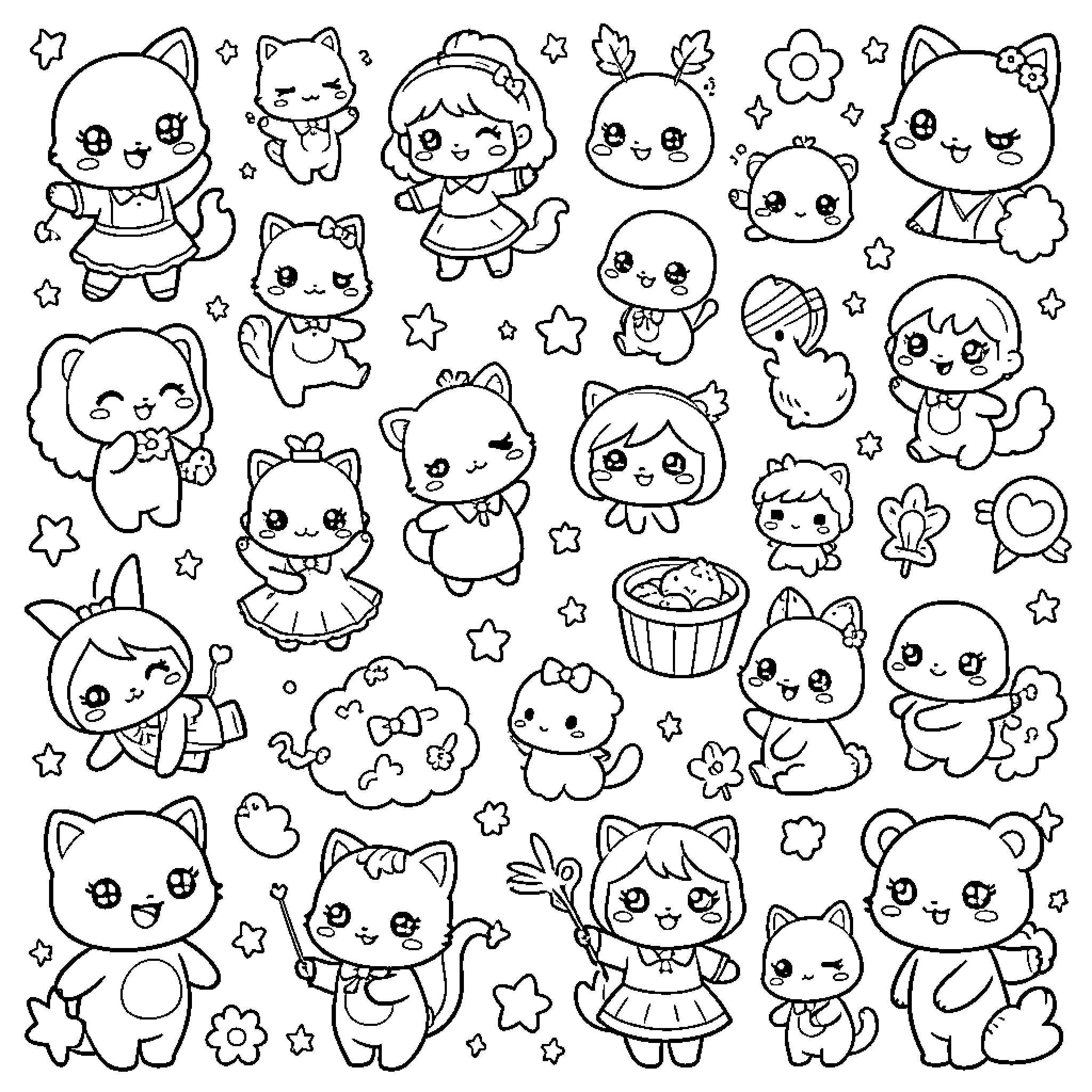 Kawaii Cartoon Characters in Cute Outfits and Poses Coloring Page (free black-and-white line drawing printable PDF for all, from beginners to advanced learners, including children, teens, adults, and seniors)