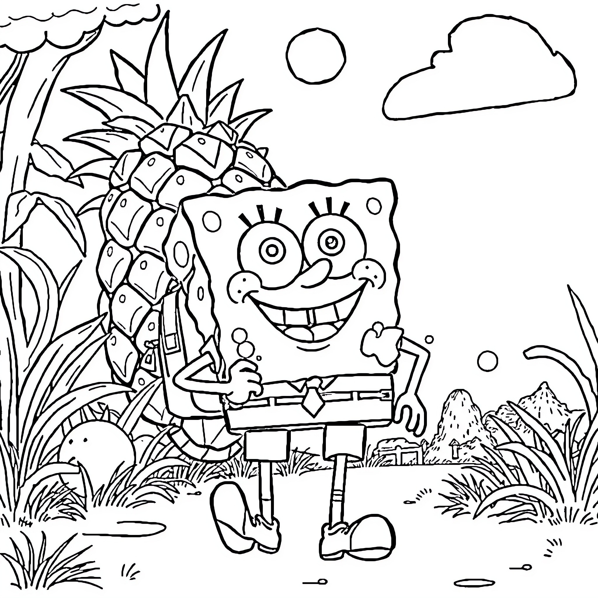 Spongebob's Tropical Adventure Coloring Page (free black-and-white line drawing printable PDF for all, from beginners to advanced learners, including children, teens, adults, and seniors)