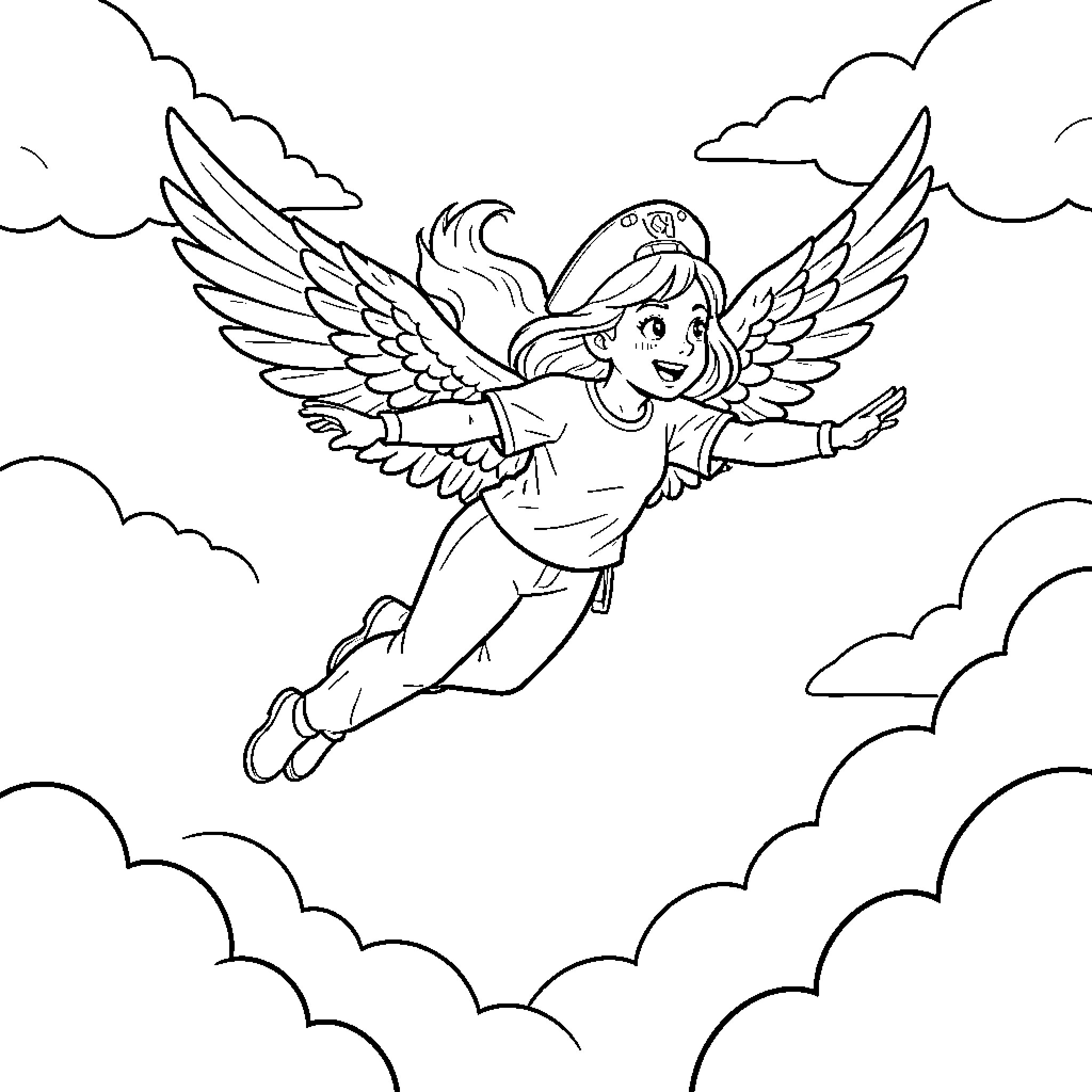 Moi flying through the clouds with large wings Coloring Page (free black-and-white line drawing printable PDF for all, from beginners to advanced learners, including children, teens, adults, and seniors)