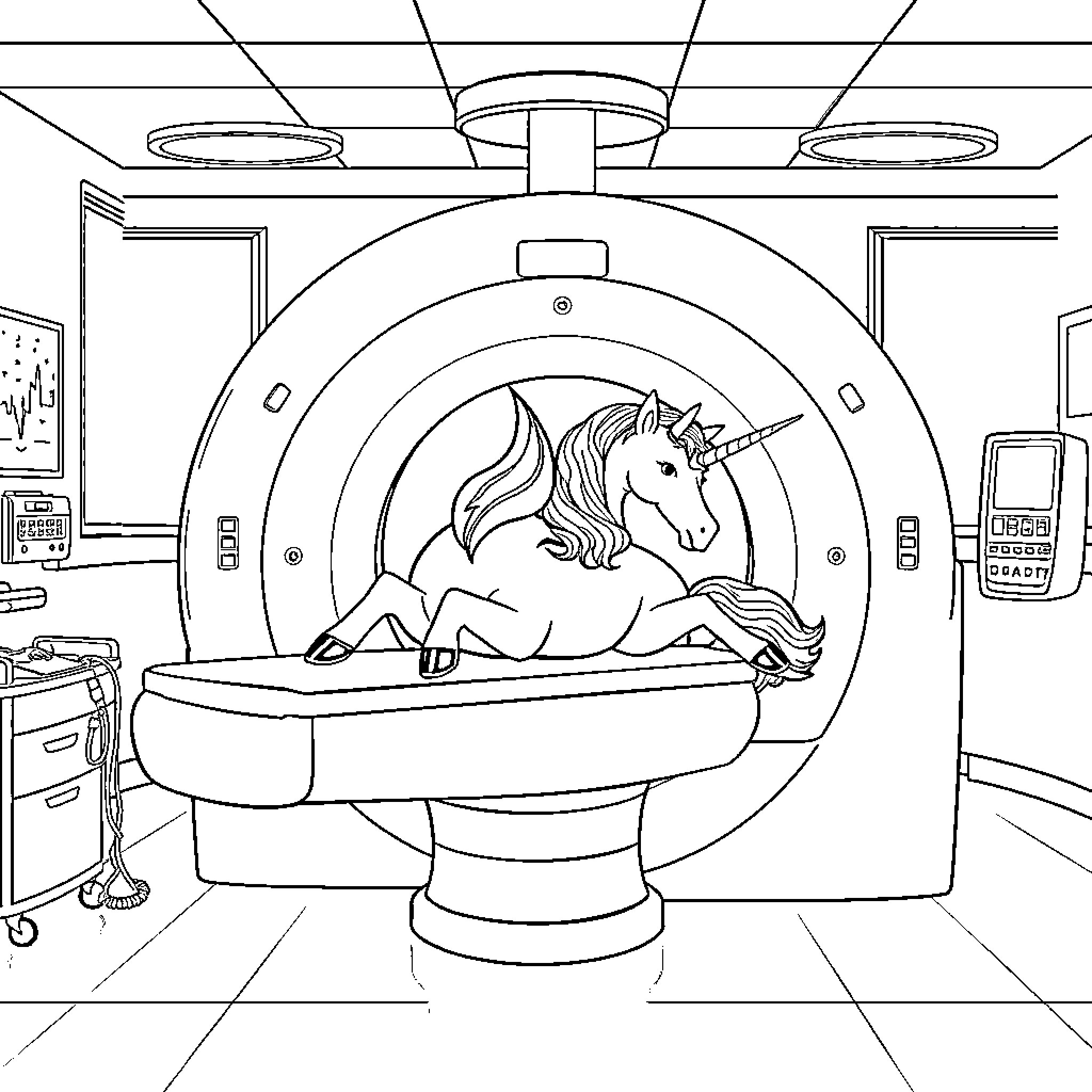 Unicorn undergoing medical imaging in hospital room Coloring Page (free black-and-white line drawing printable PDF for all, from beginners to advanced learners, including children, teens, adults, and seniors)