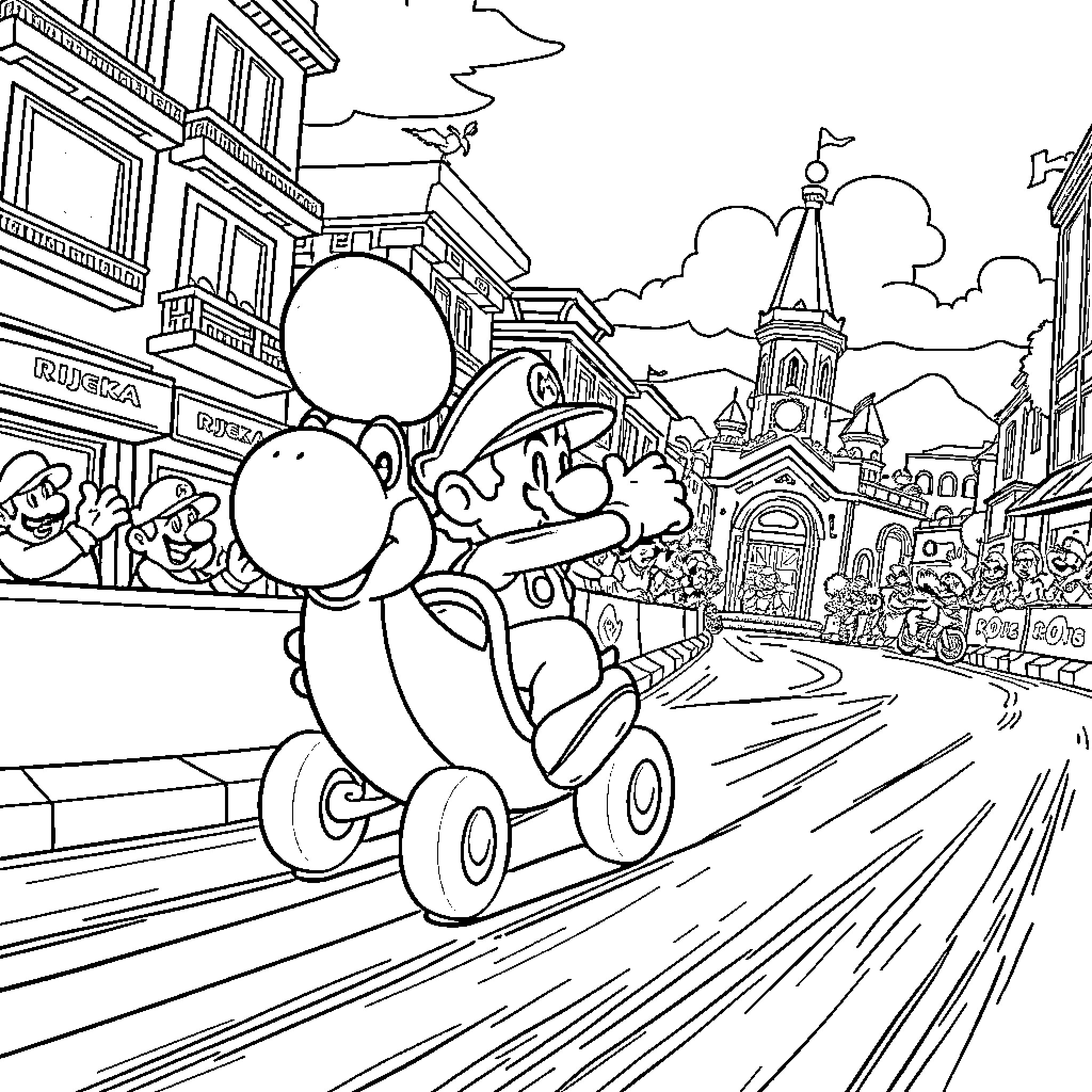 Mario Speeding Through Vibrant Town in Go-Kart Coloring Page (free black-and-white line drawing printable PDF for all, from beginners to advanced learners, including children, teens, adults, and seniors)