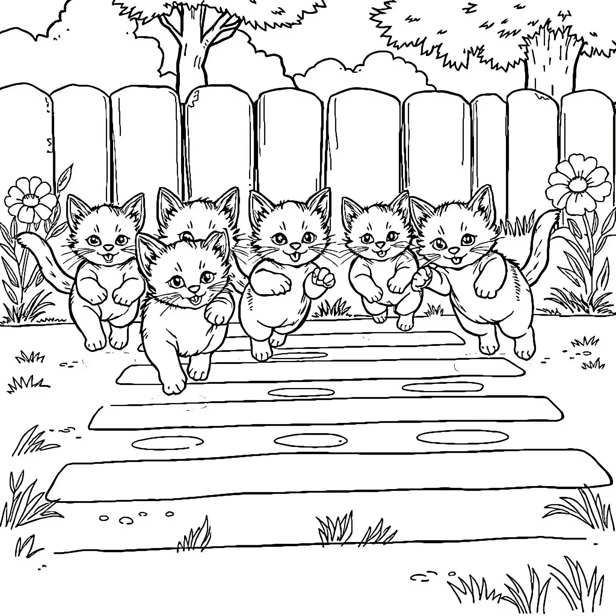 Kittens playing joyfully in an enchanting garden Coloring Page (free black-and-white line drawing printable PDF for all, from beginners to advanced learners, including children, teens, adults, and seniors)