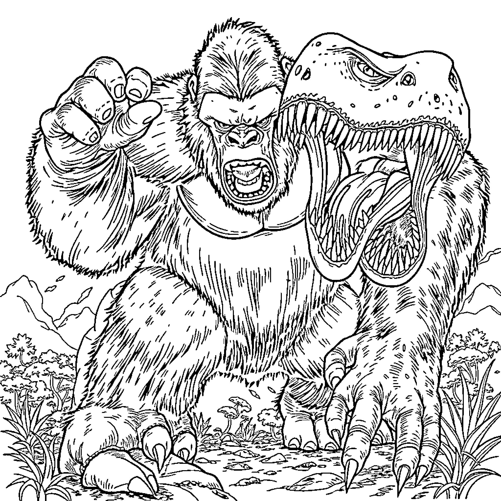 King Kong Battles Fierce T-Rex in Prehistoric Jungle Coloring Page (free black-and-white line drawing printable PDF for all, from beginners to advanced learners, including children, teens, adults, and seniors)