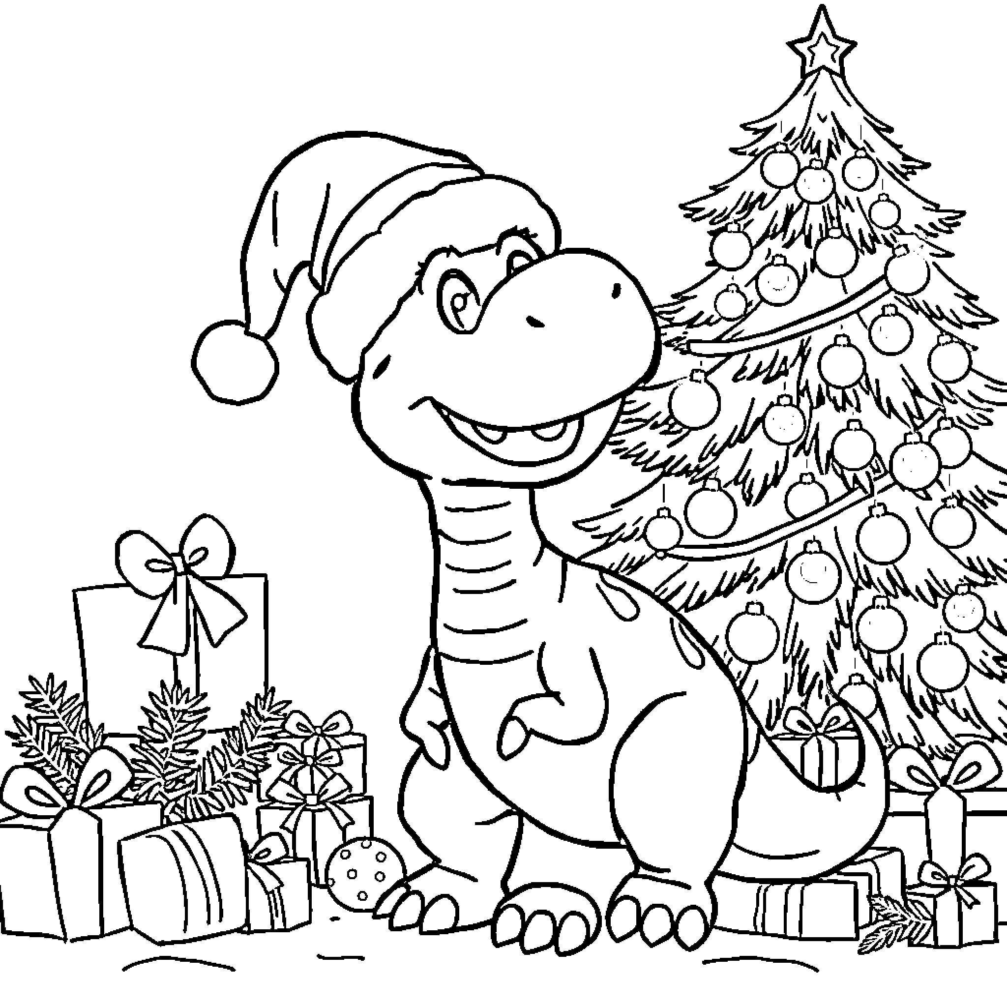 Dinosaur celebrating Christmas with decorated tree and gifts Coloring Page (free black-and-white line drawing printable PDF for all, from beginners to advanced learners, including children, teens, adults, and seniors)