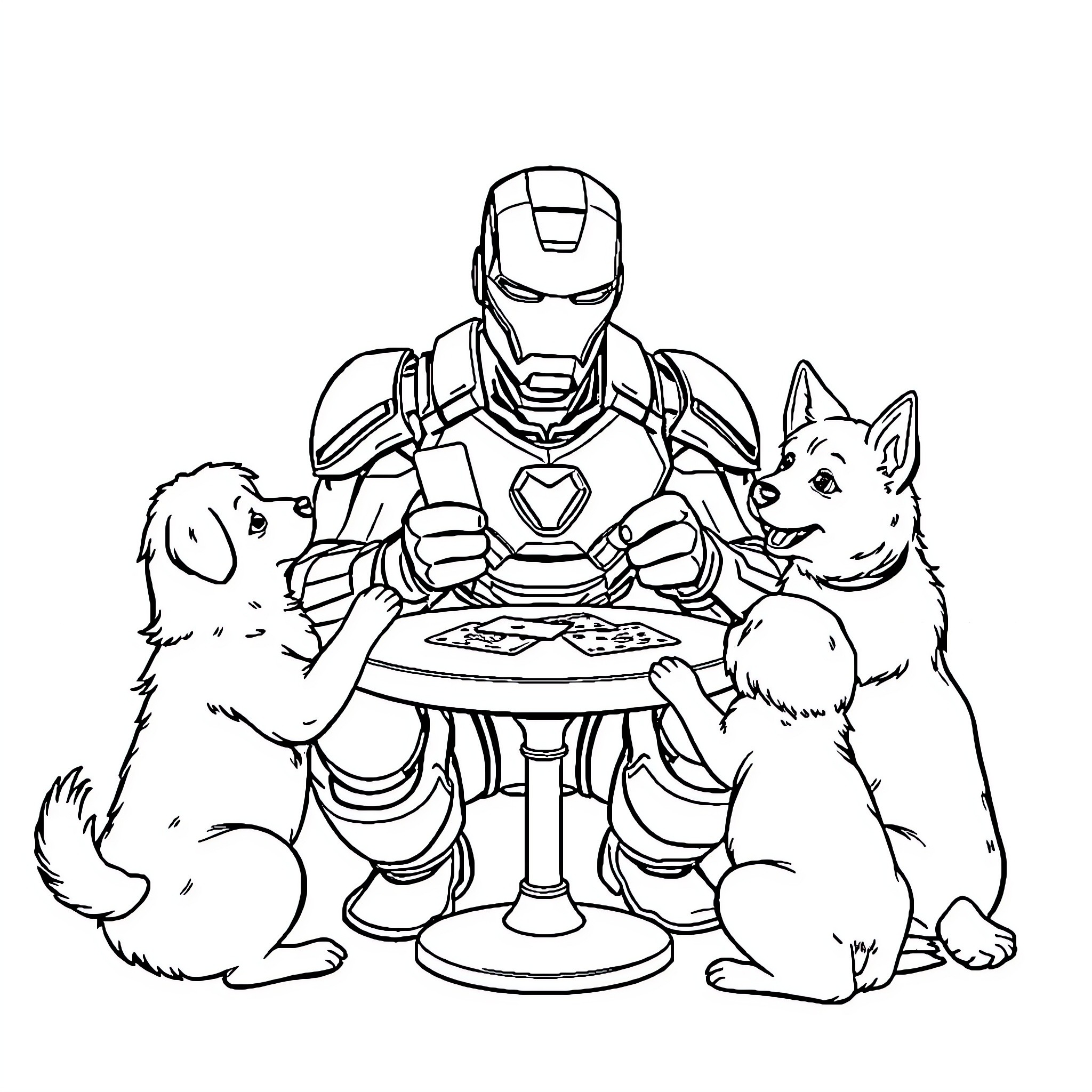 Ironman enjoying a snack with furry companions Coloring Page (free black-and-white line drawing printable PDF for all, from beginners to advanced learners, including children, teens, adults, and seniors)