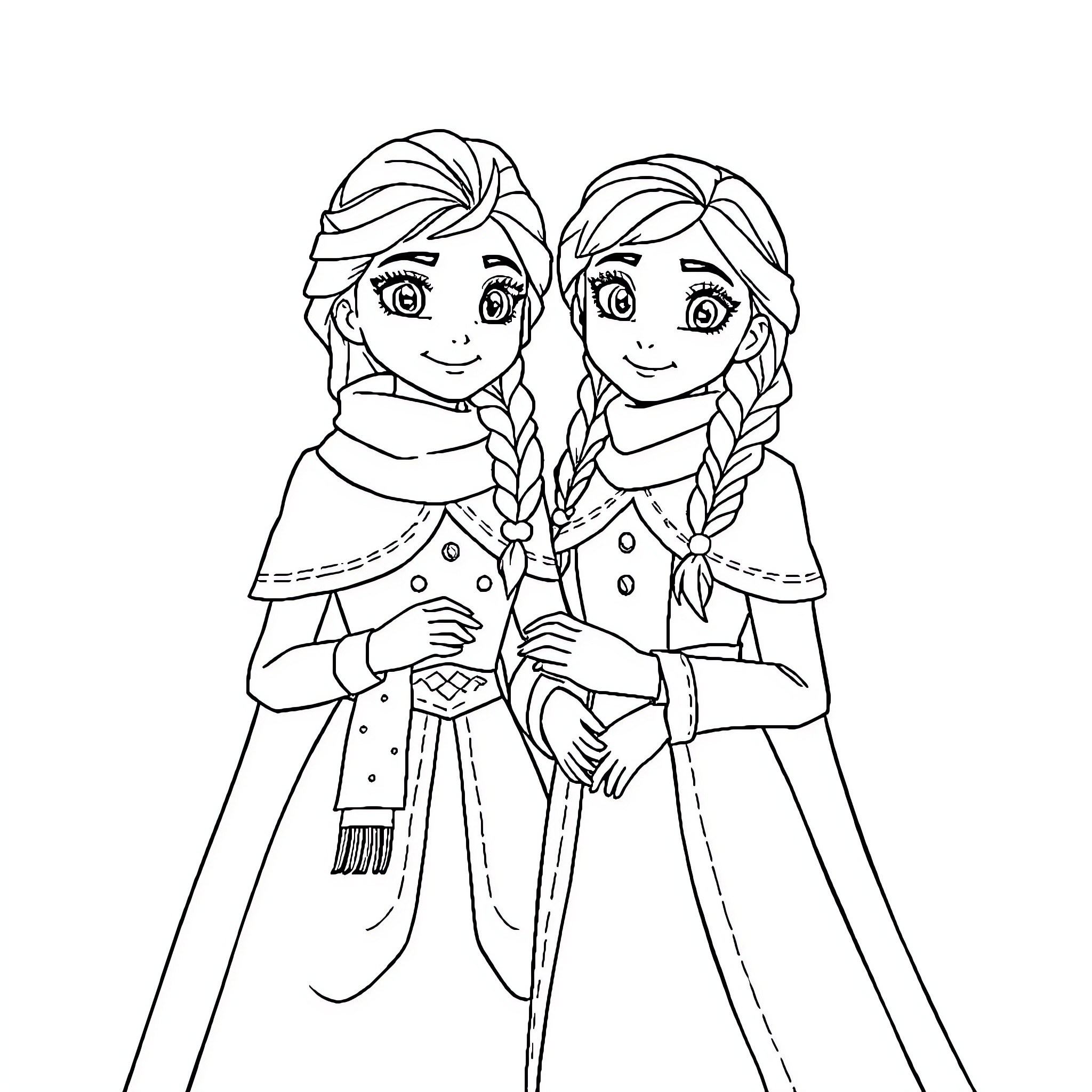 Elsa and Anna in Winter Attire Coloring Page (free black-and-white line drawing printable PDF for all, from beginners to advanced learners, including children, teens, adults, and seniors)