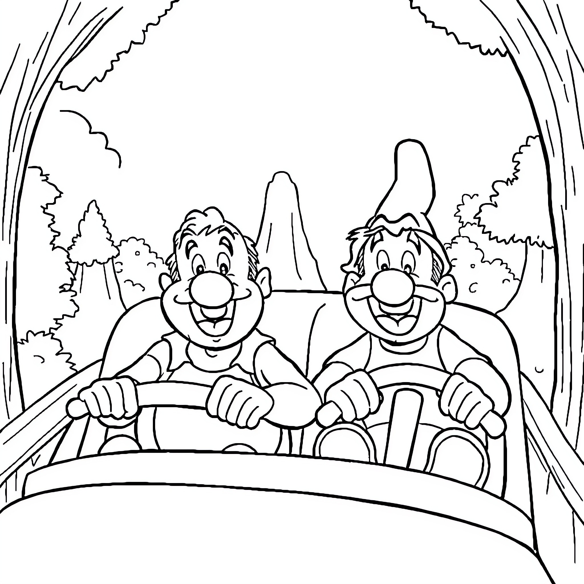 Asterix and Obelix riding in a chariot Coloring Page (free black-and-white line drawing printable PDF for all, from beginners to advanced learners, including children, teens, adults, and seniors)