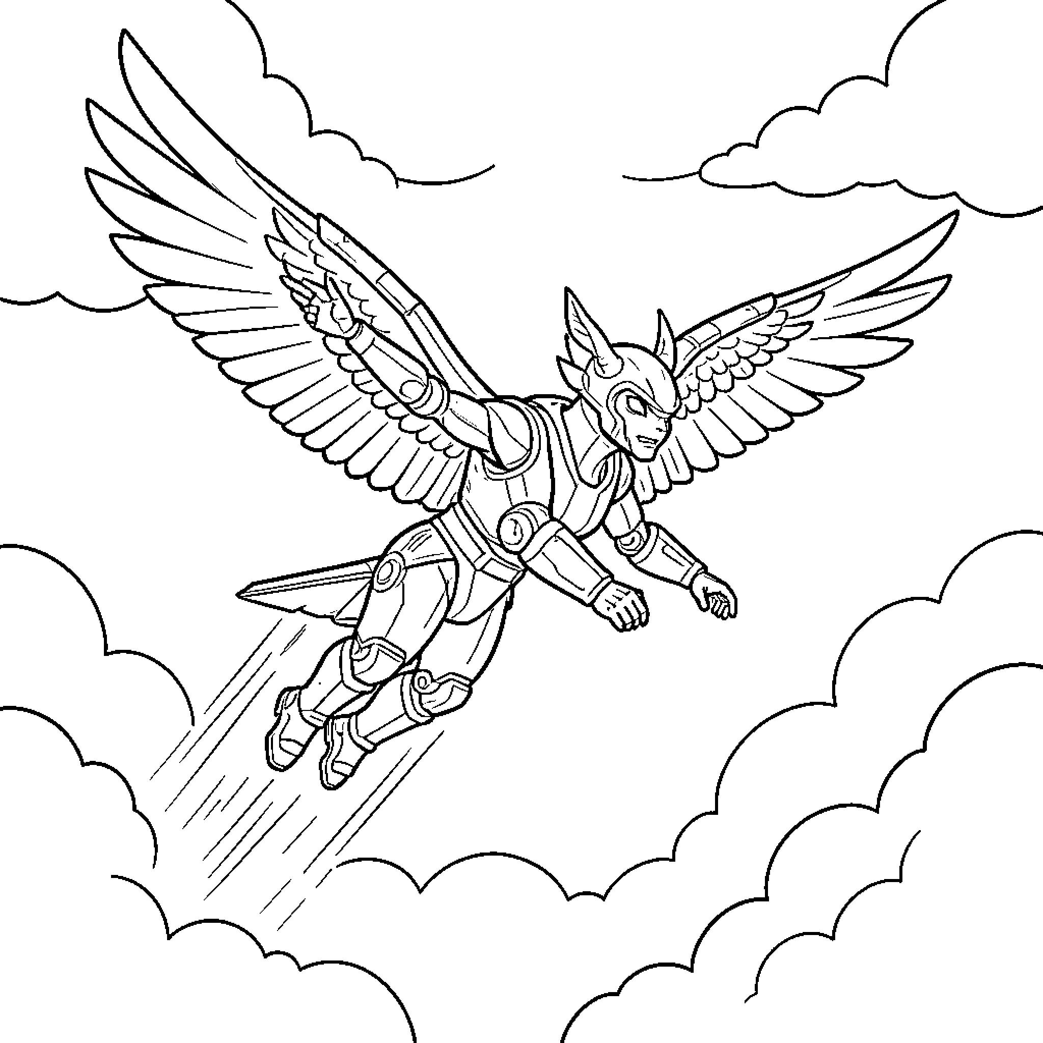 Huntrix winged hero soaring through the clouds Coloring Page (free black-and-white line drawing printable PDF for all, from beginners to advanced learners, including children, teens, adults, and seniors)
