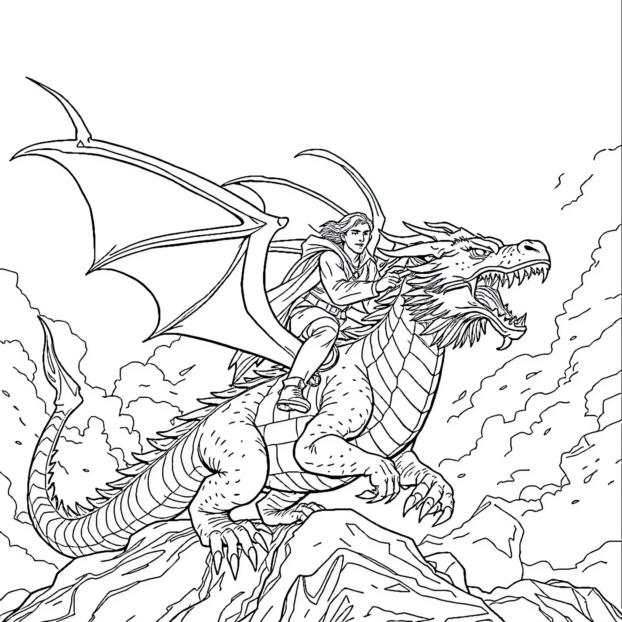 Dragon Rider Soaring Over Mountainous Terrain Coloring Page (free black-and-white line drawing printable PDF for all, from beginners to advanced learners, including children, teens, adults, and seniors)